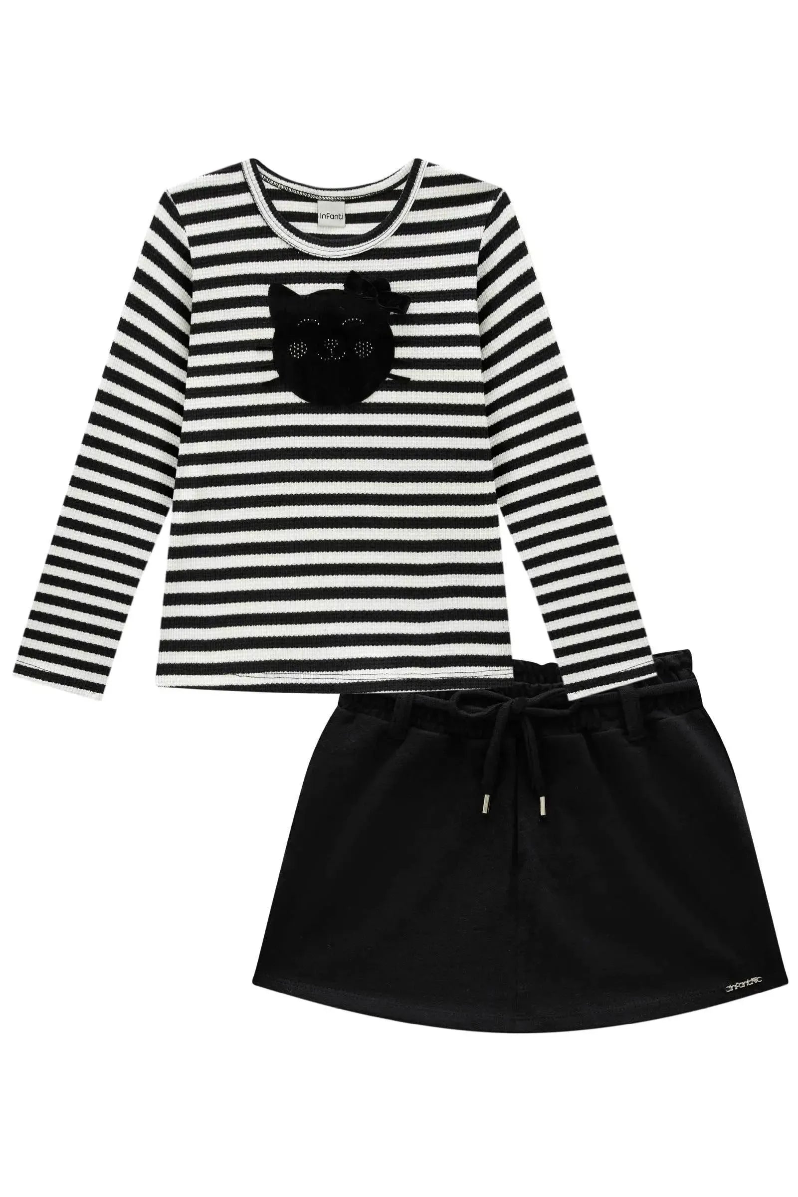 Conjunto de Blusa em Malha Waffle Listrado e Short Saia em Moletwill 92187 Infanti Infantil Menina