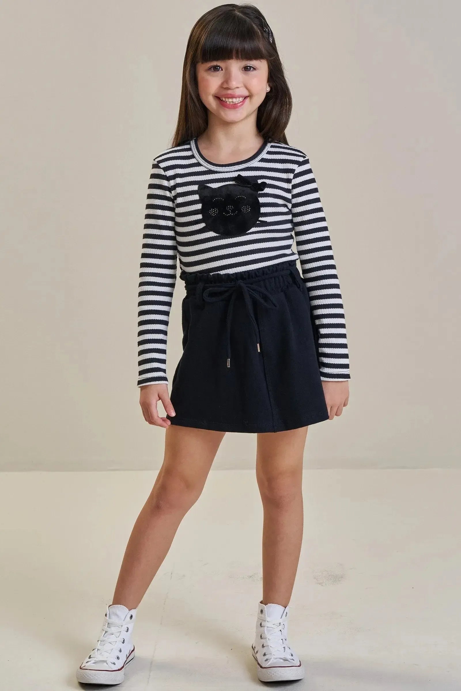 Conjunto de Blusa em Malha Waffle Listrado e Short Saia em Moletwill 92187 Infanti Infantil Menina