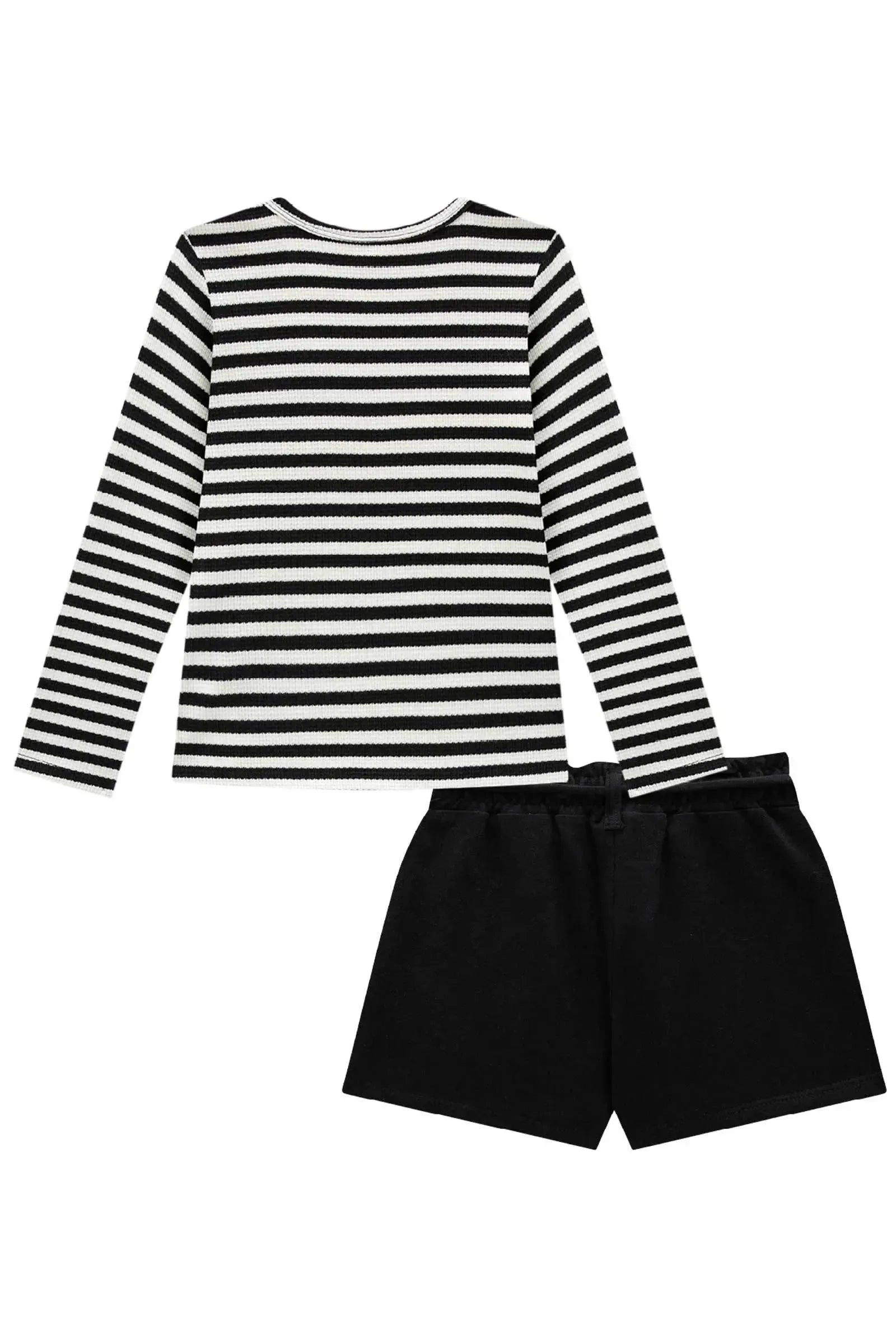 Conjunto de Blusa em Malha Waffle Listrado e Short Saia em Moletwill 92187 Infanti Infantil Menina