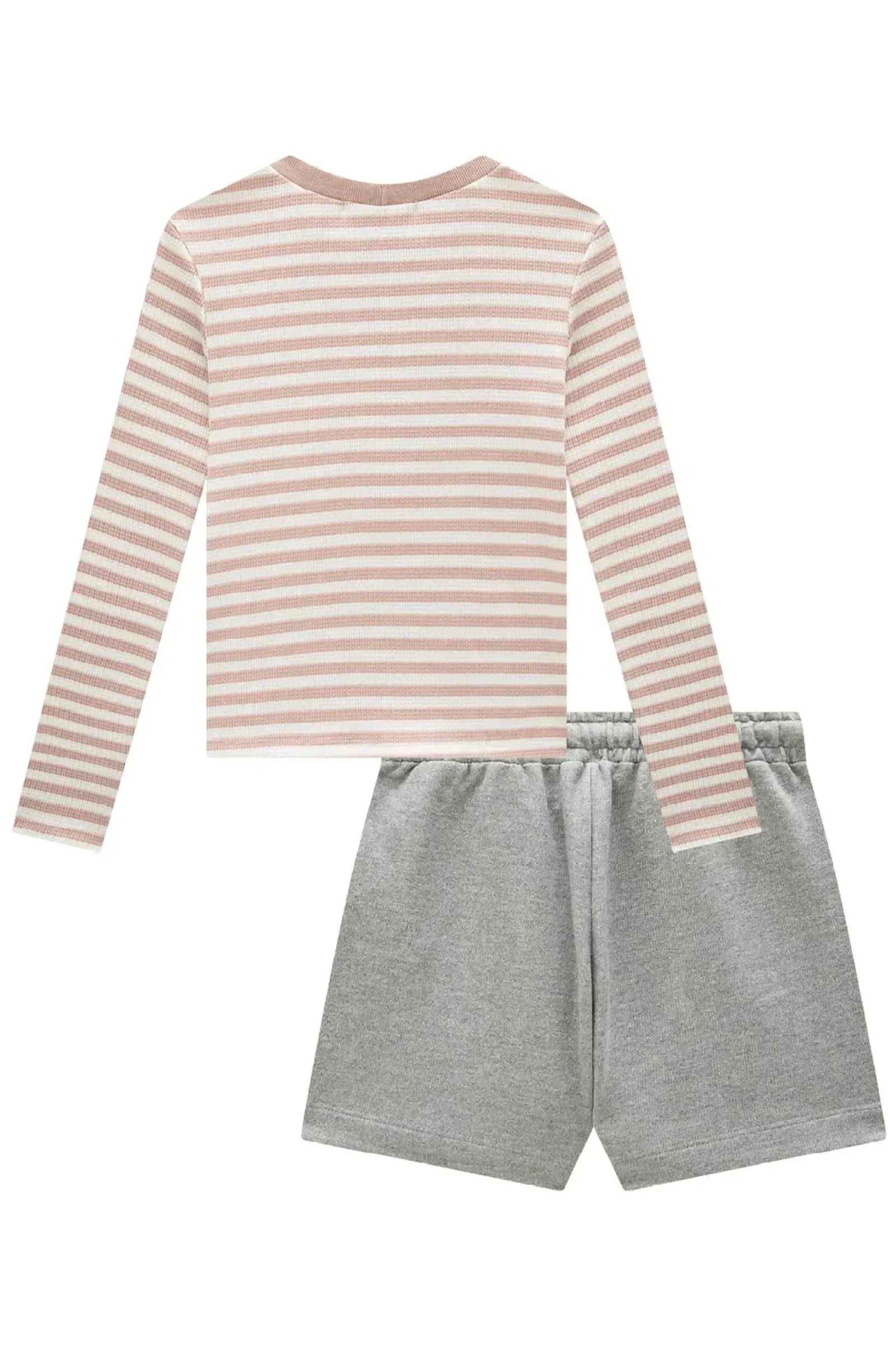 Conjunto de Blusa em Malha Waflle Listrada e Shorts em Moletom sem Pelúcia 91857 Lilimoon Teen Menina