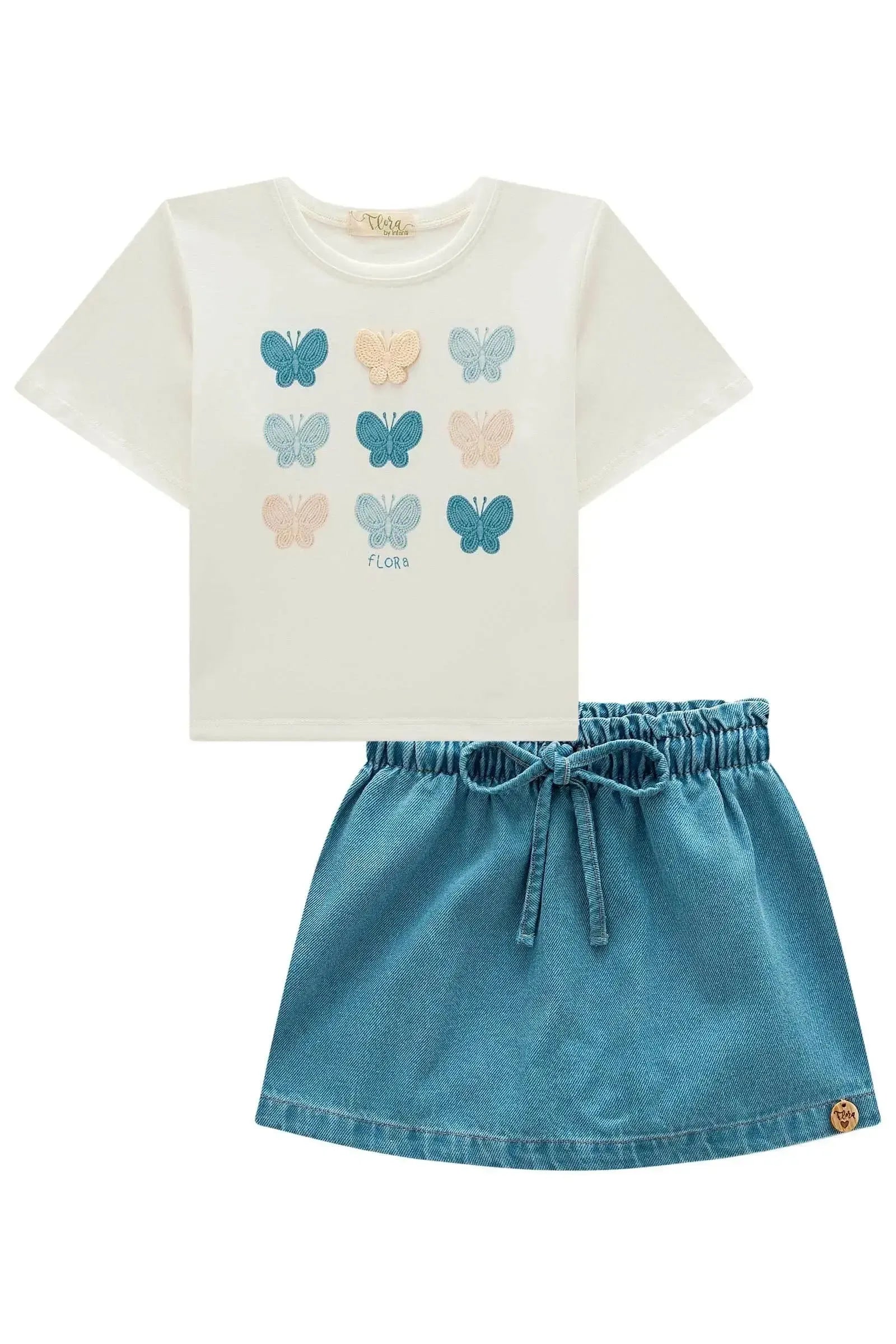 Conjunto de Blusa em Meia Malha com Short Saia em Jeans 99156 Infanti Infantil Menina