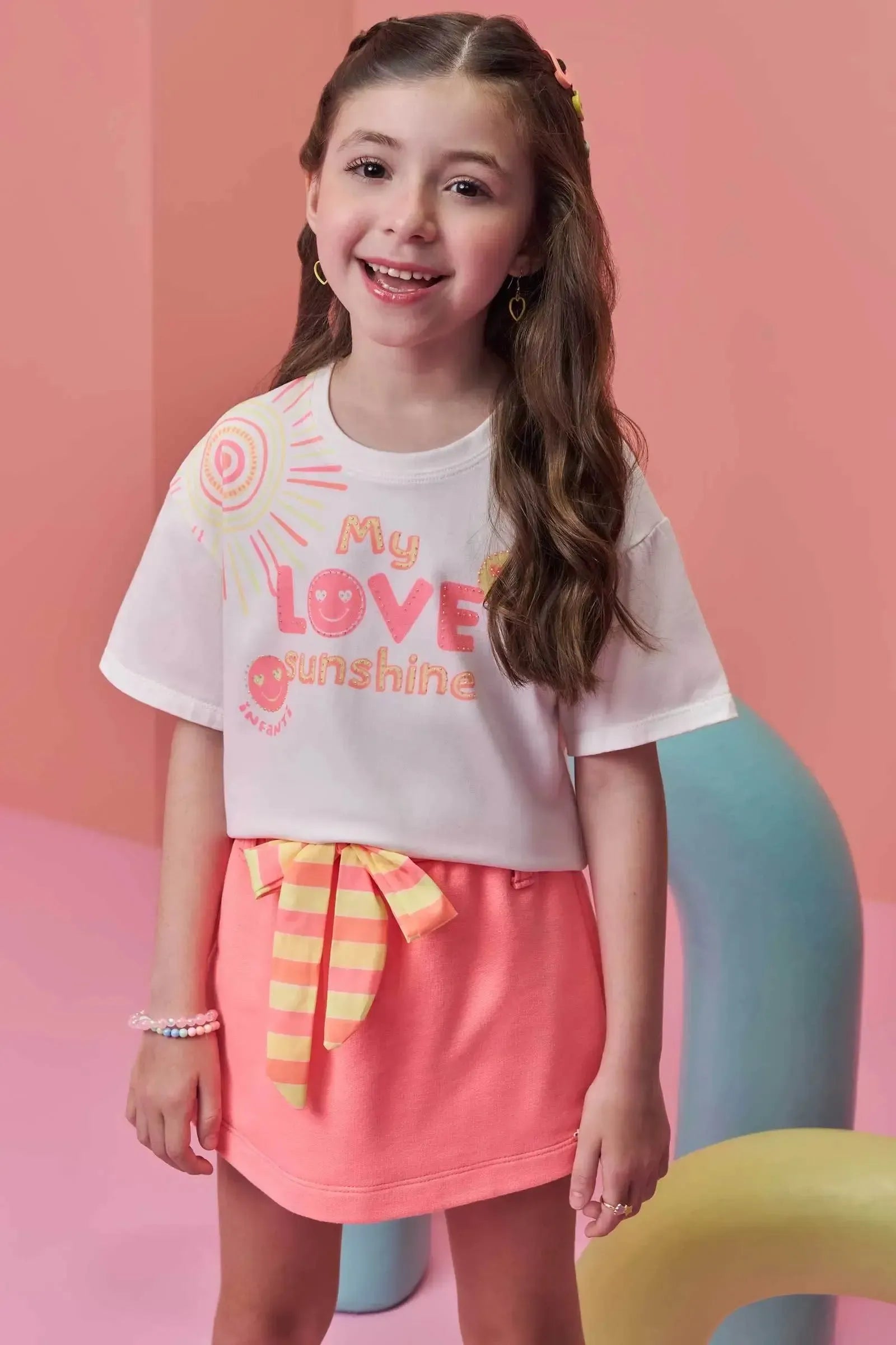 Conjunto de Blusa em Meia Malha com Short Saia em Moletom sem Pelúcia 99397 Infanti Infantil Menina