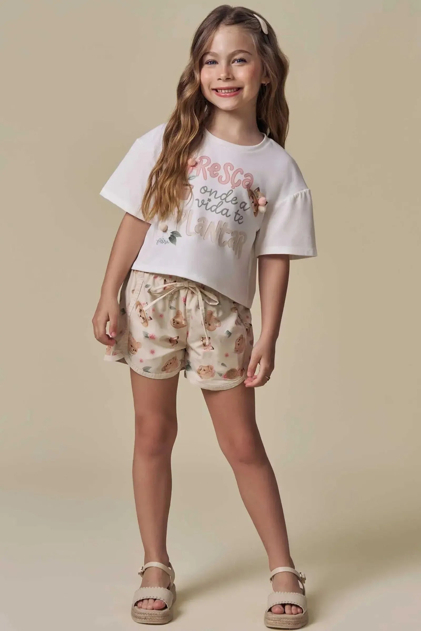 Conjunto de Blusa em Meia Malha com Shorts em Tecno Style 97022 Infanti Infantil Menina