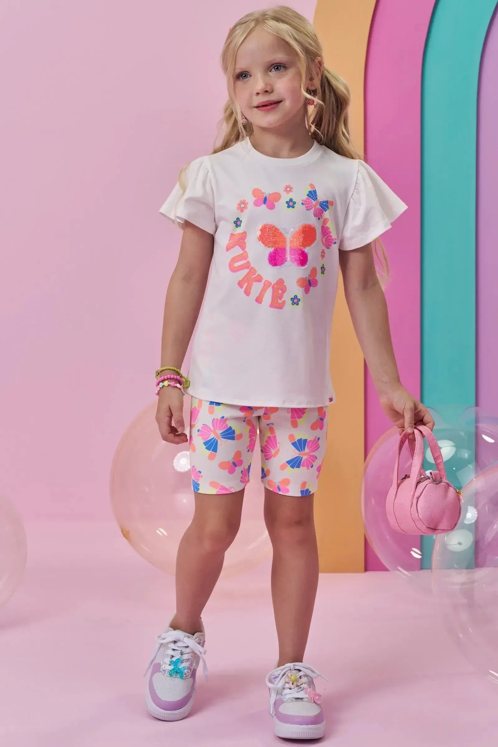 Conjunto de Blusa em Meia Malha e Bermuda Biker em Fly Tech 98453 Kukiê Infantil Menina
