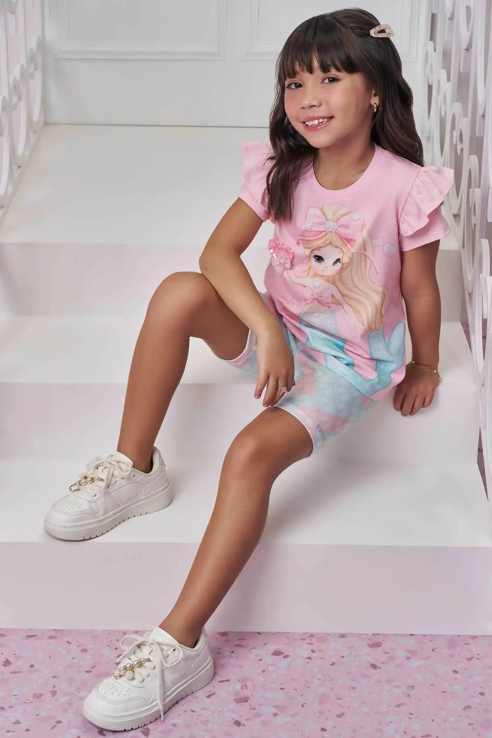 Conjunto de Blusa em Meia Malha e Bermuda Biker em Malha Power 98700 Infanti Infantil Menina