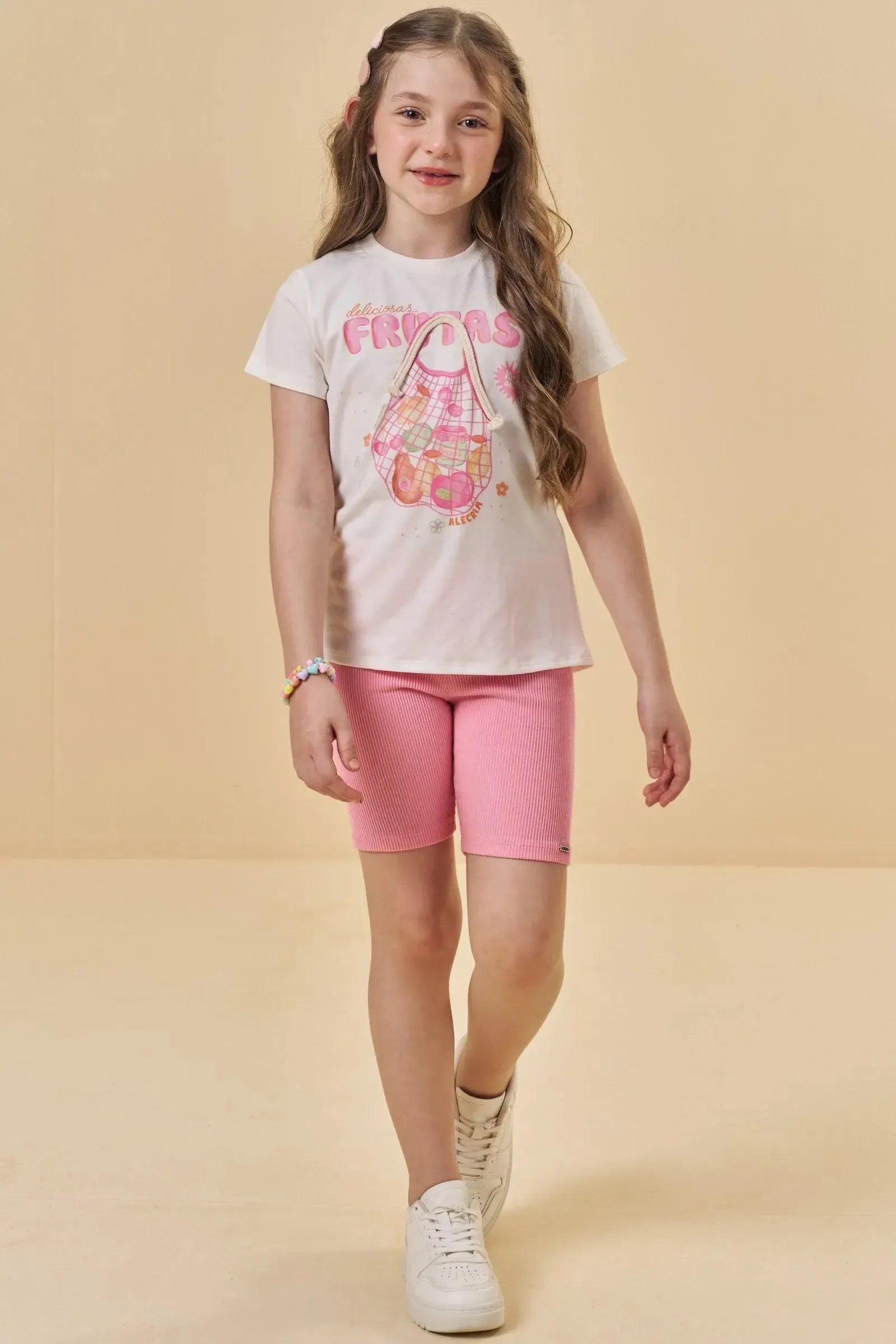 Conjunto de Blusa em Meia Malha e Bermuda Biker em Soft Line 95541 Kukiê Infantil Menina