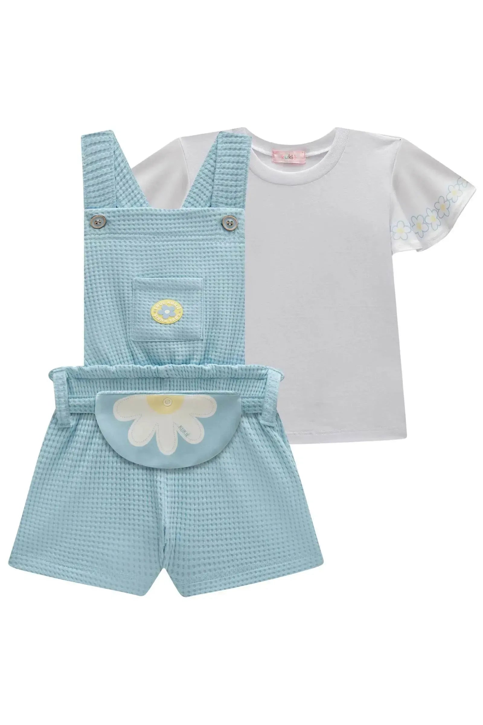 Conjunto de Blusa em Meia Malha e Jardineira em Malha Big Waffle 98467 Kukiê Infantil Menina