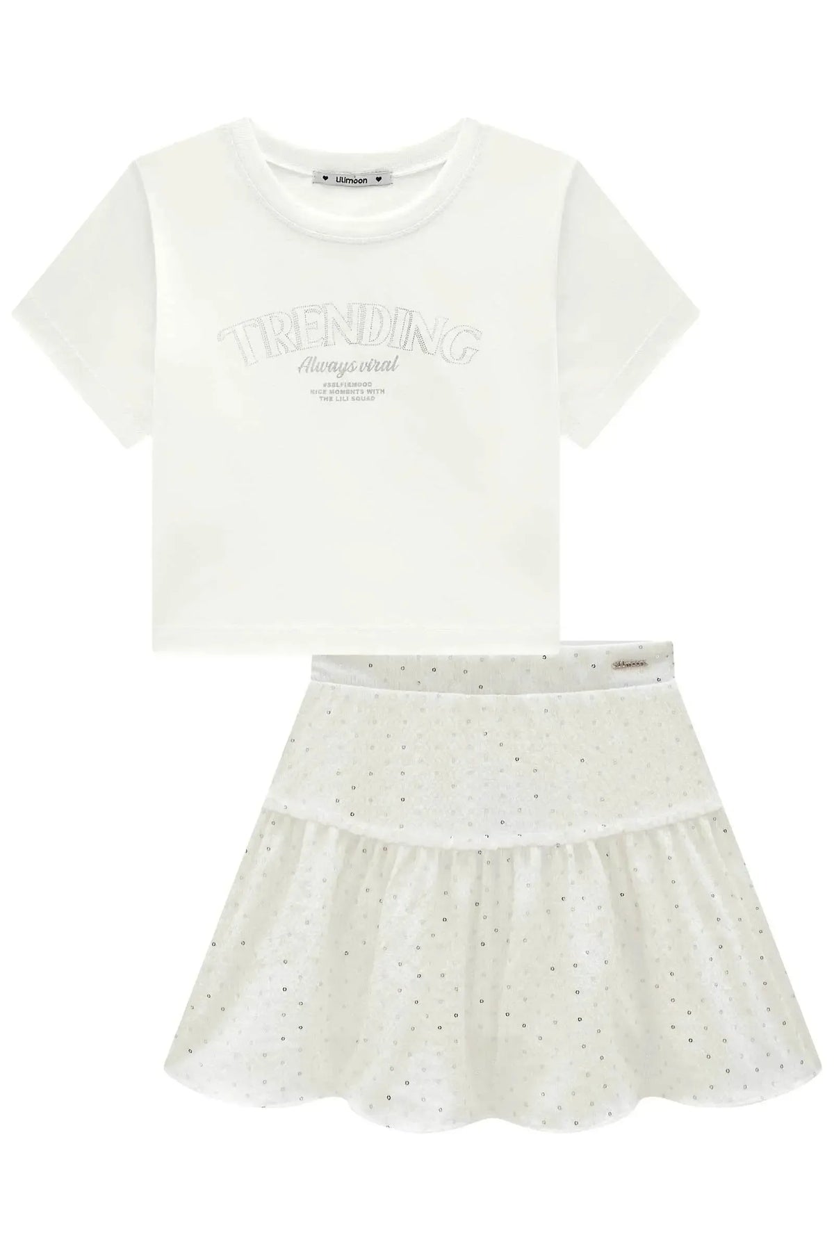 Conjunto de Blusa em Meia Malha e Saia em Anarruga Bordada com Shorts Embutido 98578 Lilimoon Teen Menina