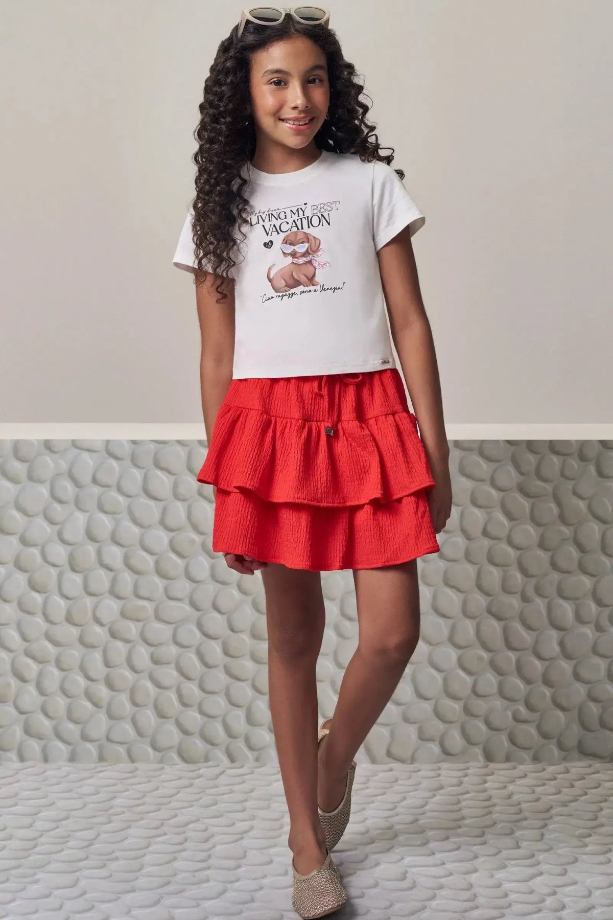 Conjunto de Blusa em Meia Malha e Saia em Malha Texturizada com Shorts Embutido 98960 Lilimoon Teen Menina