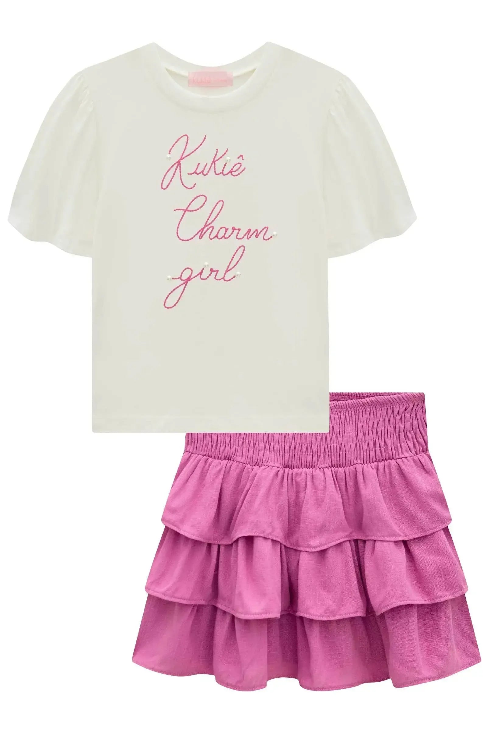 Conjunto de Blusa em Meia Malha e Saia em Viscose (com Shorts Embutido) 99446 Kukiê Infantil Menina