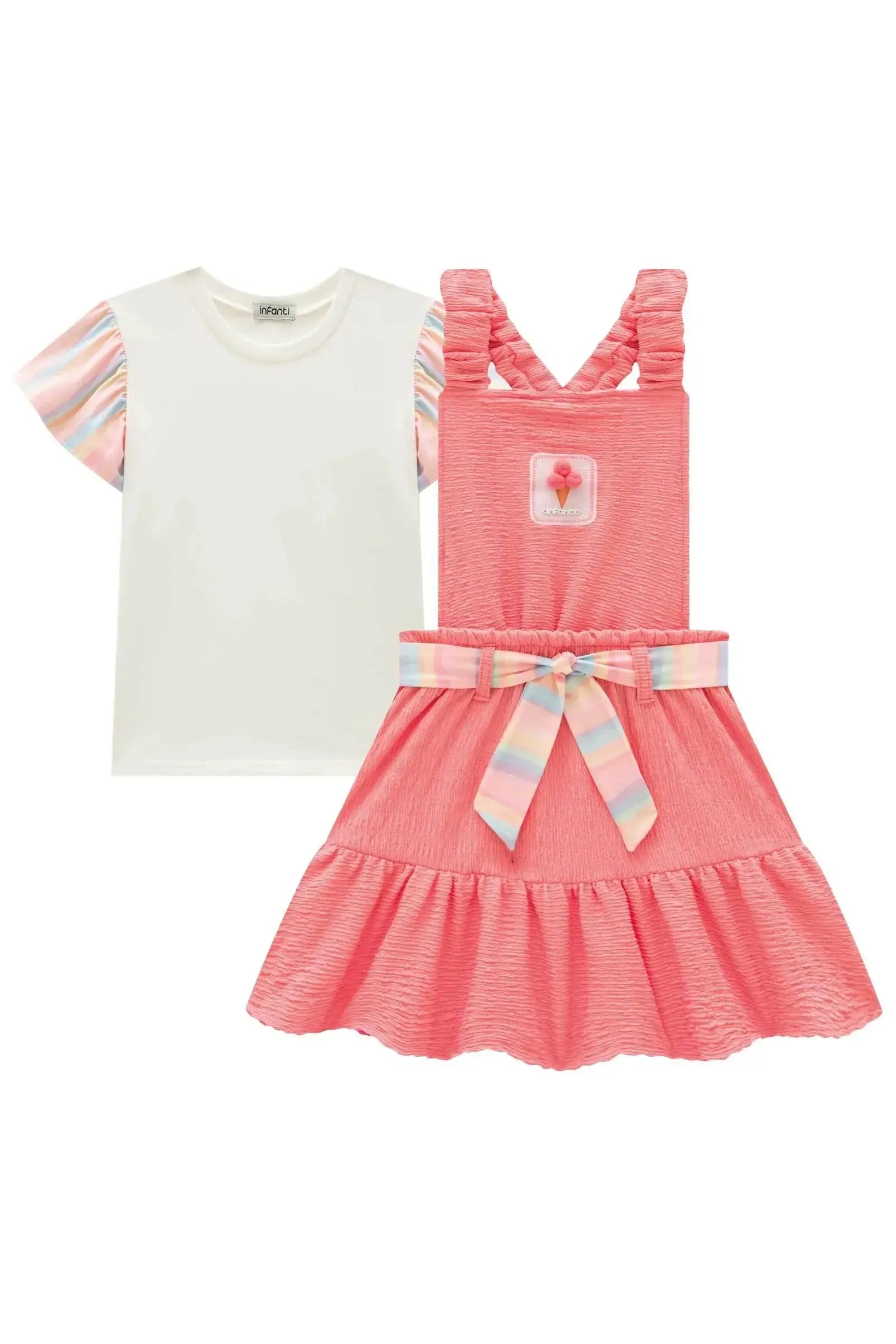 Conjunto de Blusa em Meia Malha e Salopete em Malha Enrugada 95386 Infanti Infantil Menina
