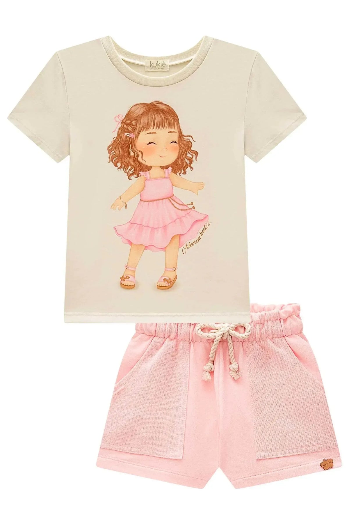Conjunto de Blusa em Meia Malha e Short em Moletom sem Pelúcia 99598 Kukiê Infantil Menina