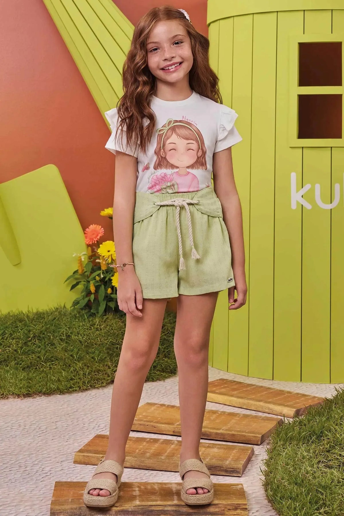 Conjunto de Blusa em Meia Malha e Short em Viscolinho 99593 Kukiê Infantil Menina