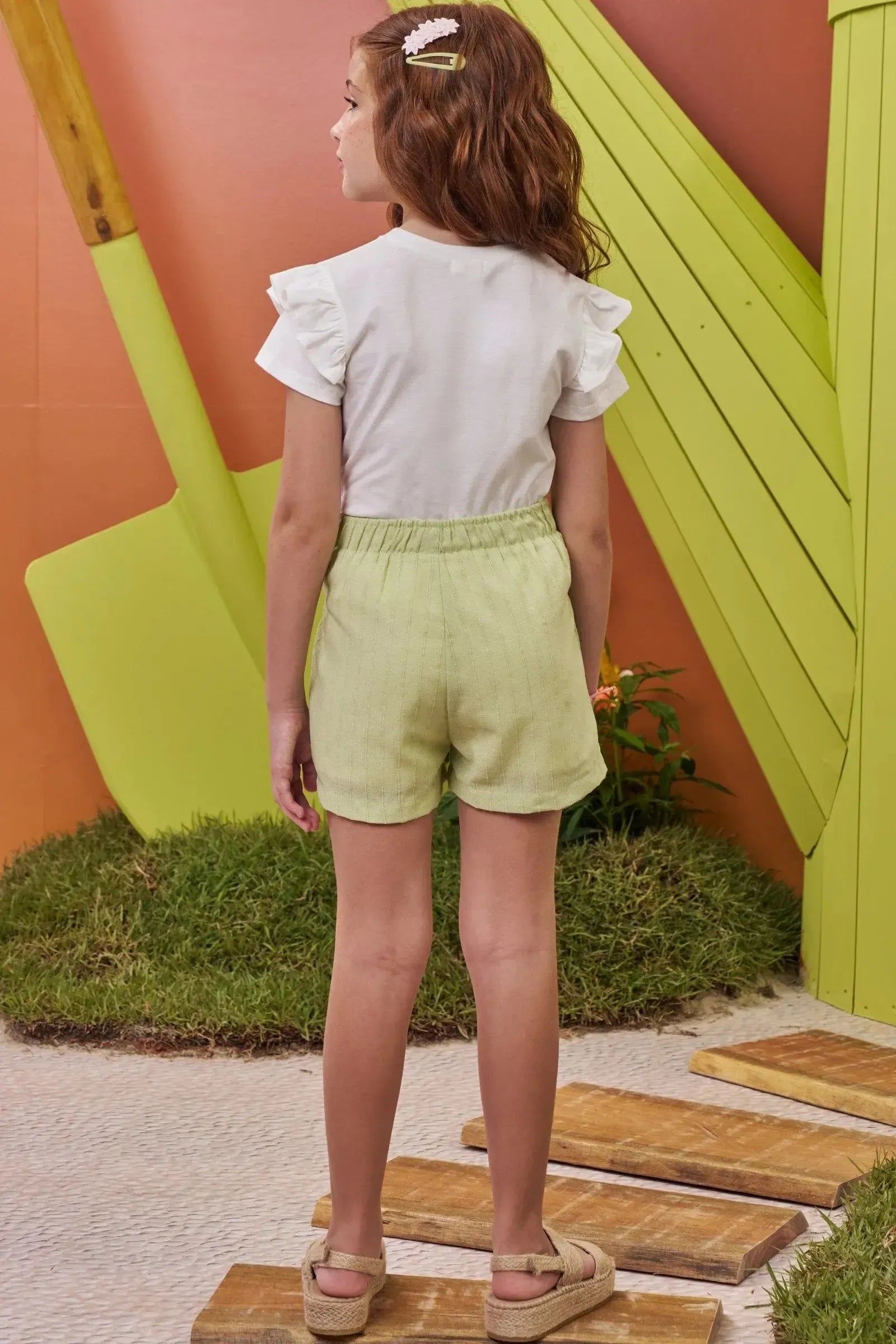 Conjunto de Blusa em Meia Malha e Short em Viscolinho 99593 Kukiê Infantil Menina