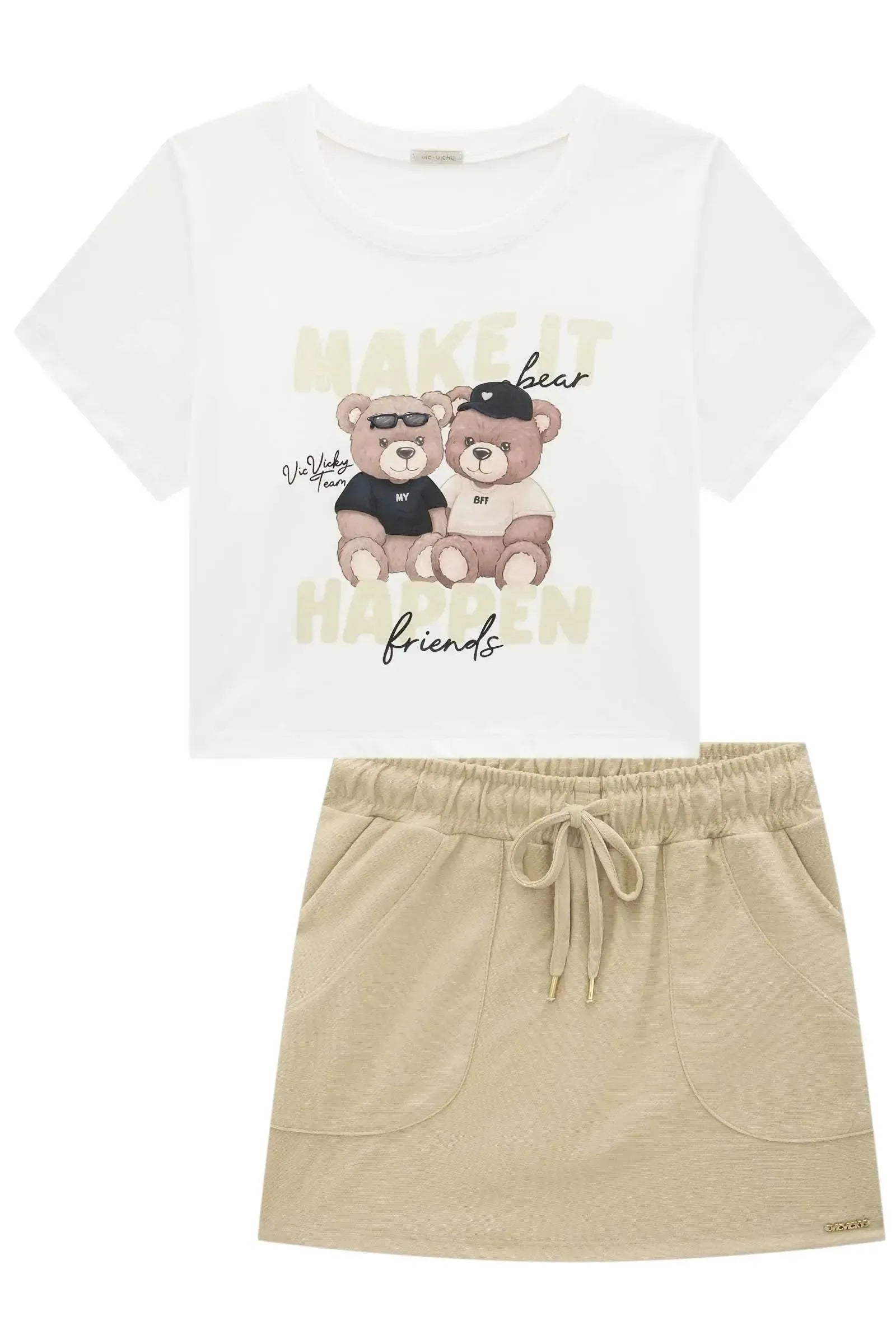 Conjunto de Blusa em Meia Malha e Short Saia em Cotton Jeans 95965 Vic&Vicky Teen Menina