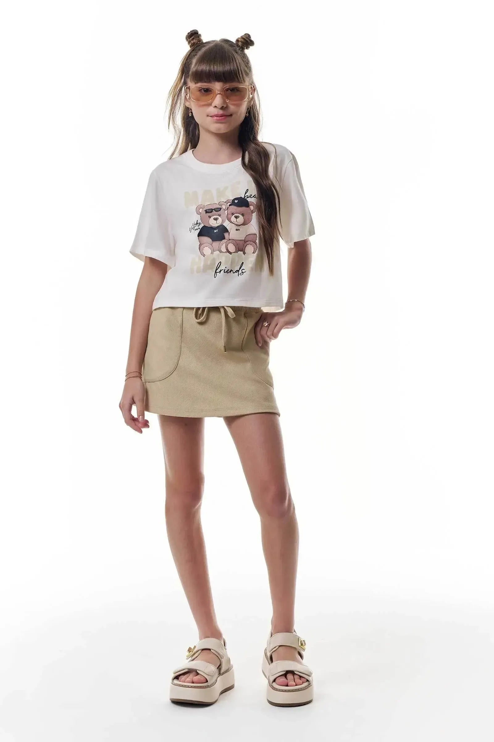 Conjunto de Blusa em Meia Malha e Short Saia em Cotton Jeans 95965 Vic&Vicky Teen Menina