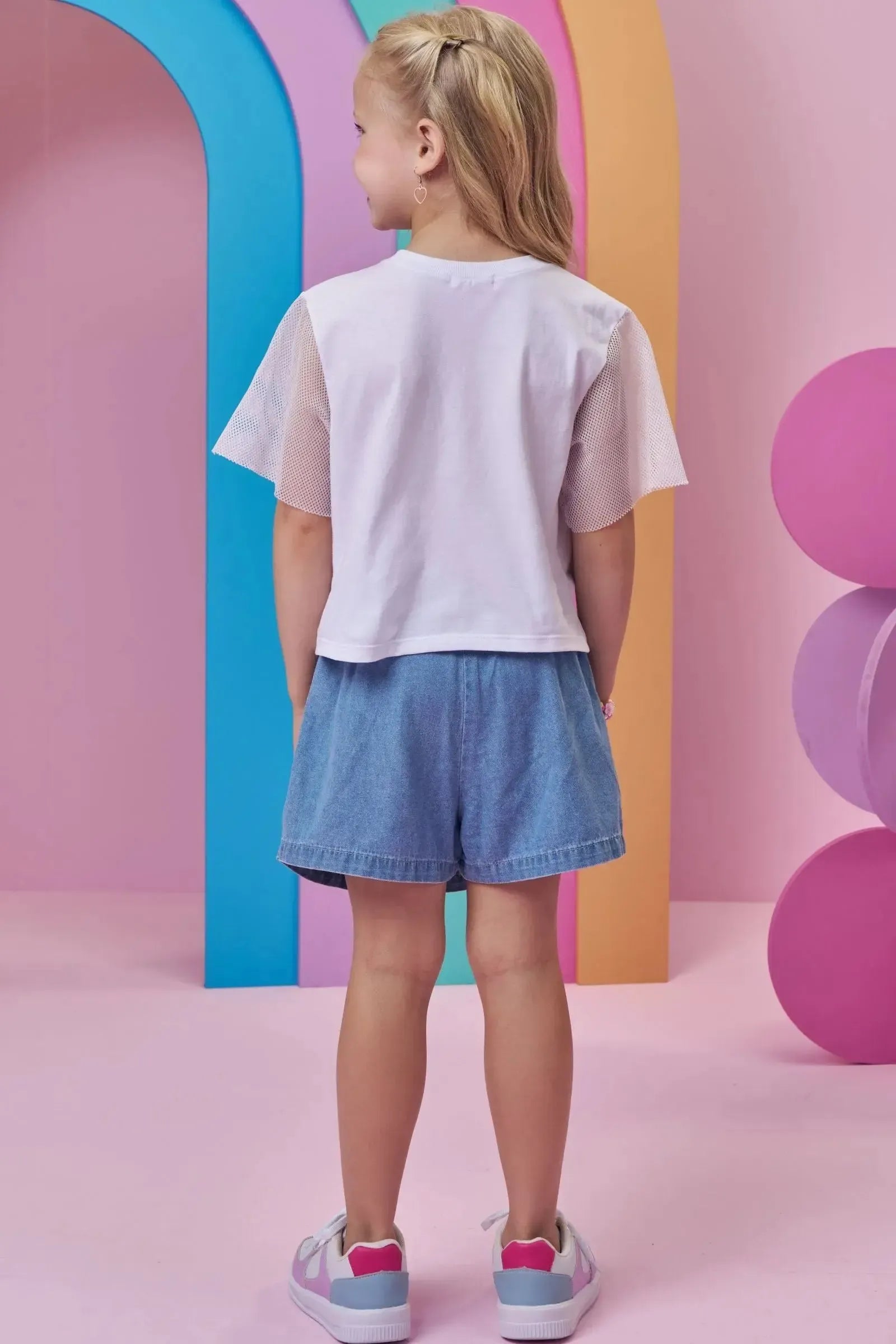 Conjunto de Blusa em Meia Malha e Short Saia em Jeans 98758 Kukiê Infantil Menina