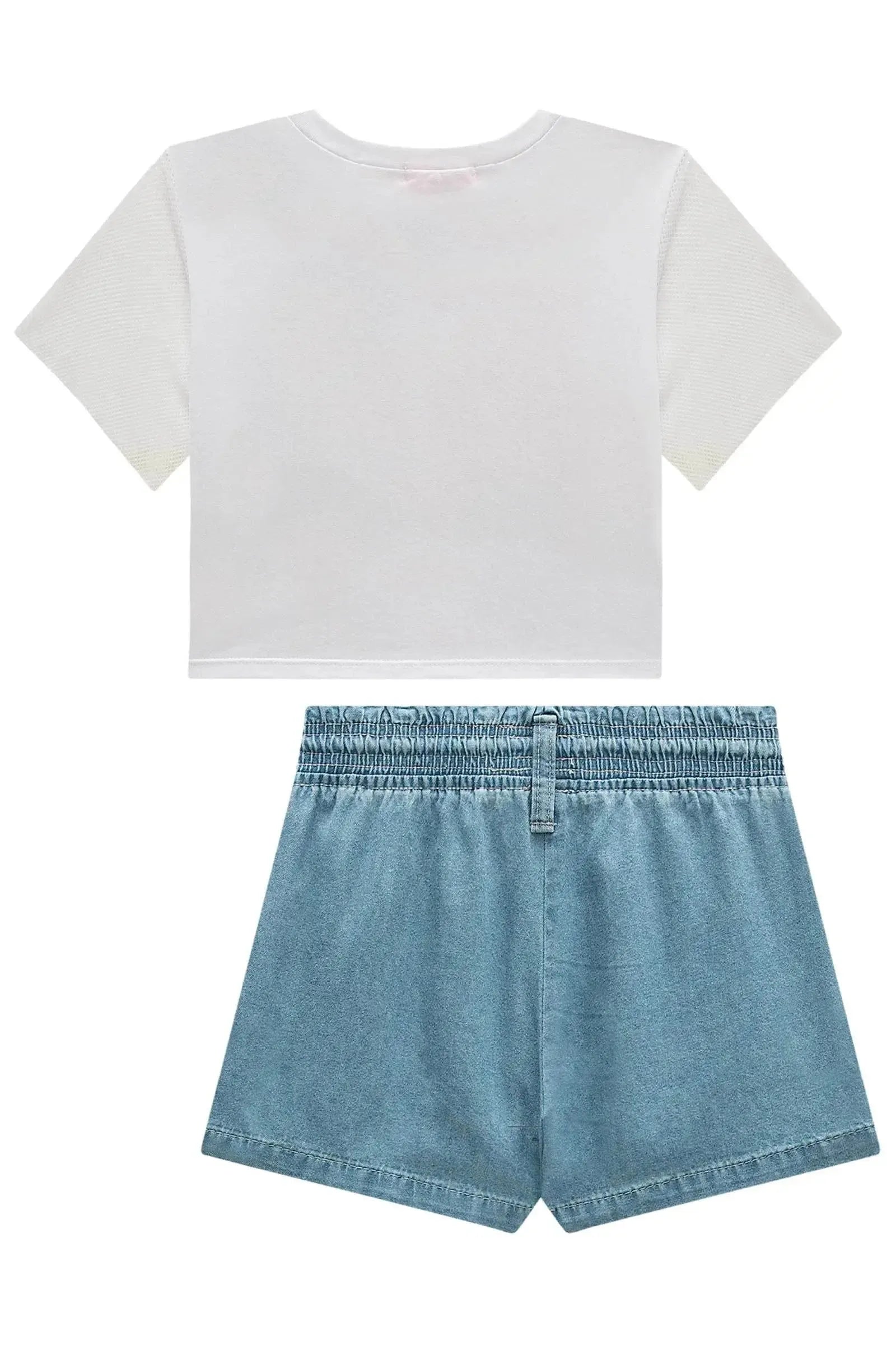 Conjunto de Blusa em Meia Malha e Short Saia em Jeans 98758 Kukiê Infantil Menina