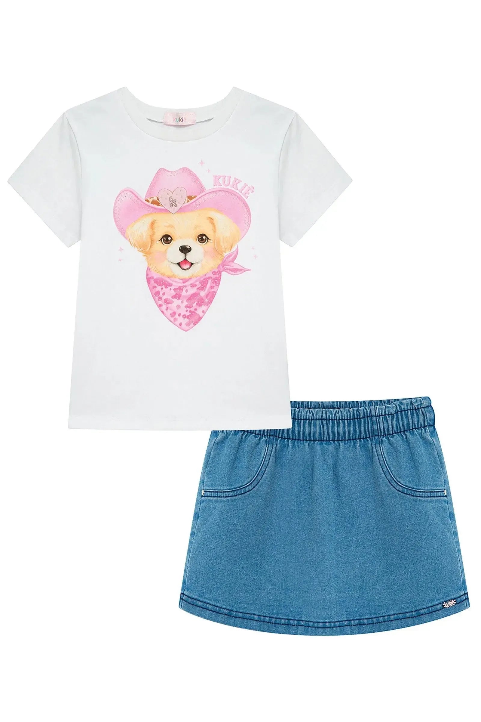 Conjunto de Blusa em Meia Malha e Short Saia em Jeans com Elastano 97132 Kukiê Infantil Menina