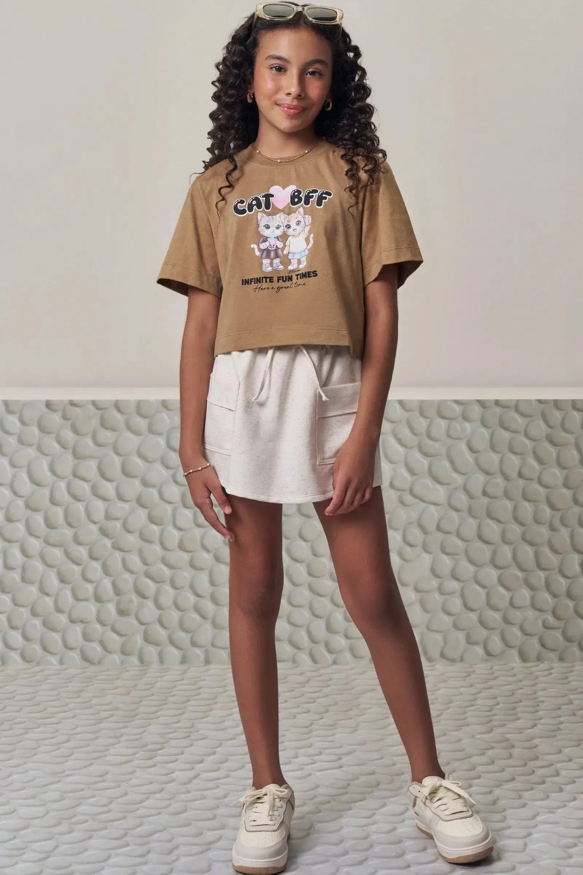 Conjunto de Blusa em Meia Malha e Short Saia em Moletom sem Pelúcia 98966 Lilimoon Teen Menina