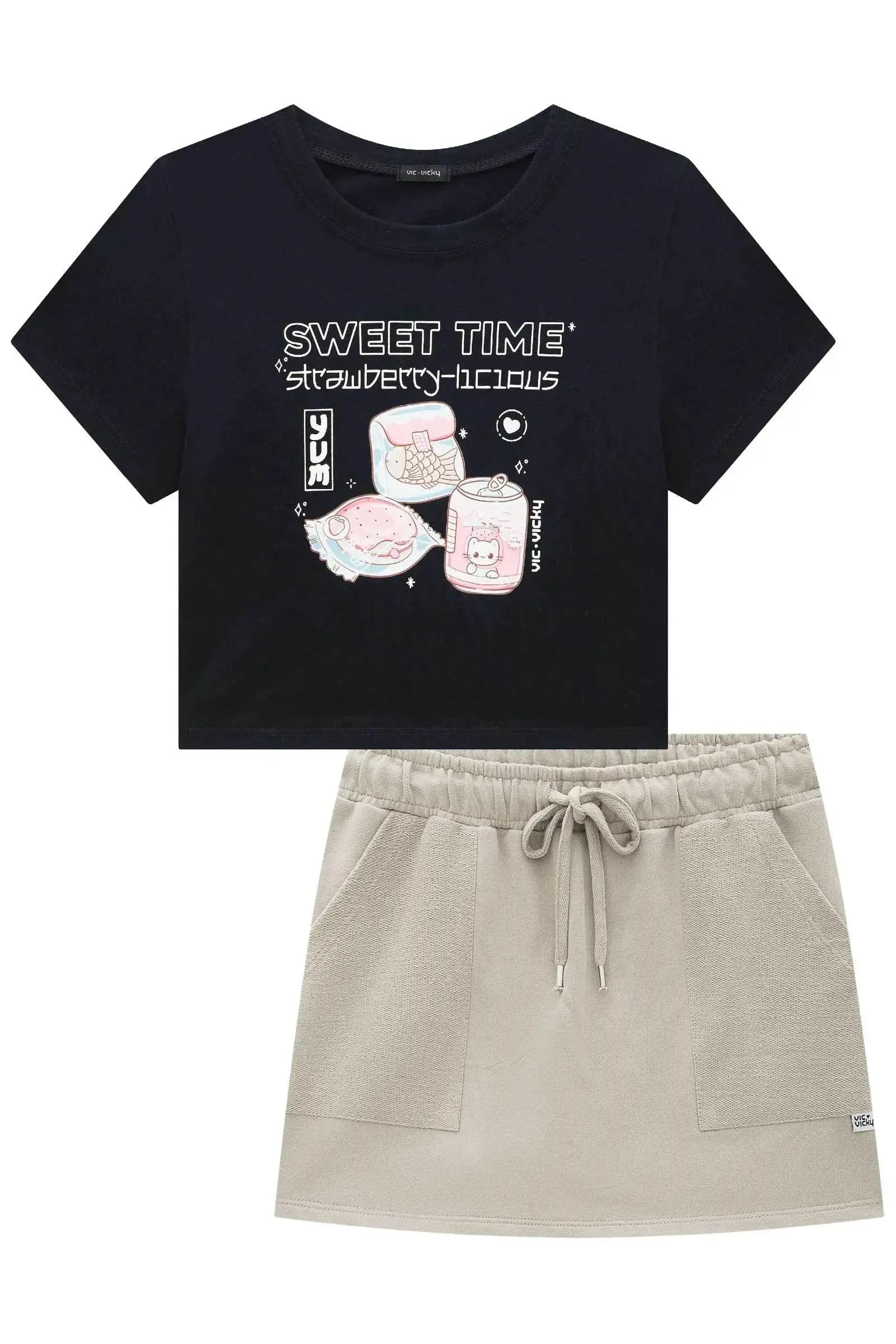 Conjunto de Blusa em Meia Malha e Short Saia em Moletom sem Pelúcia 93491 Vic&Vicky Teen Menina