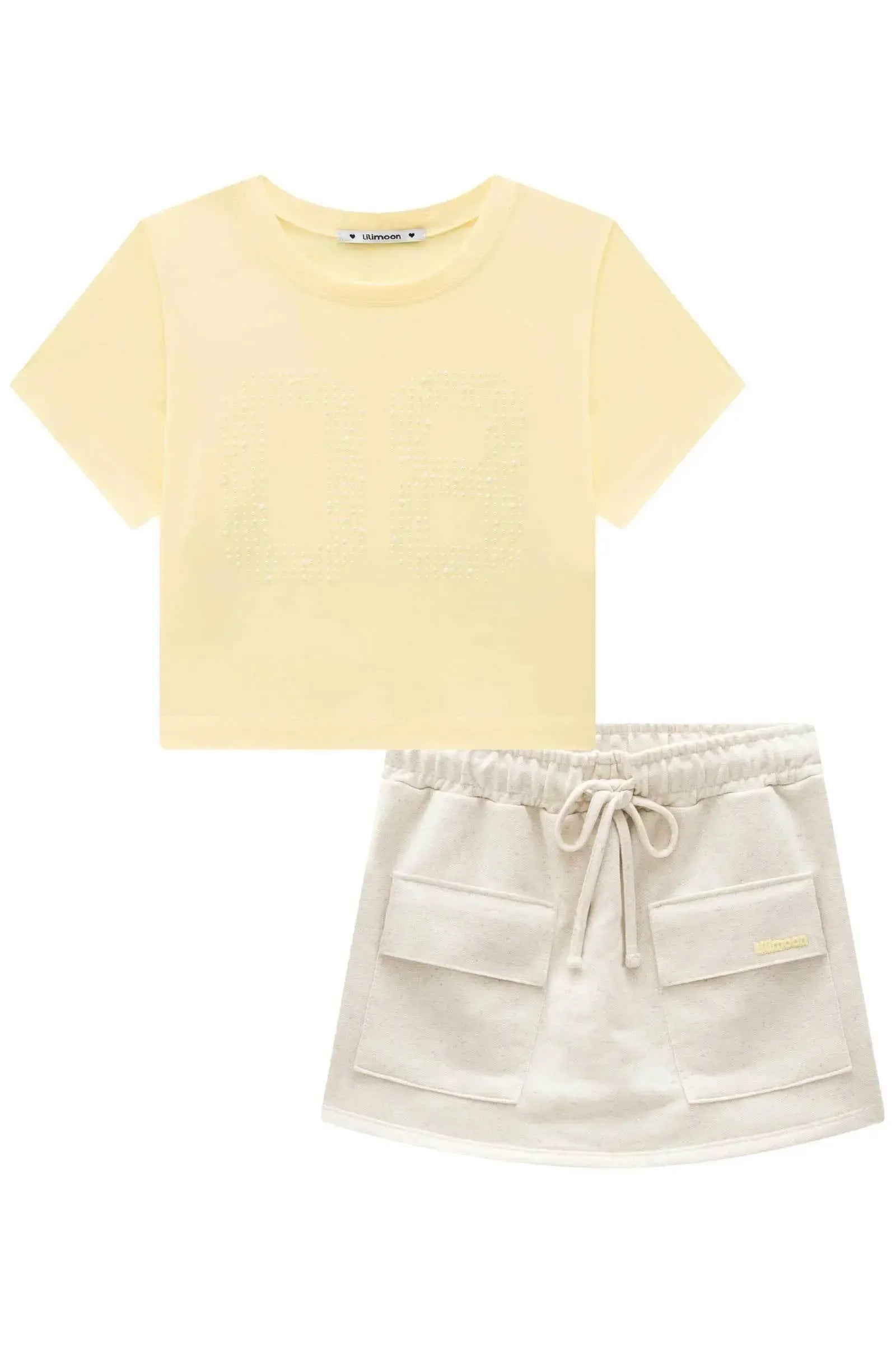 Conjunto de Blusa em Meia Malha e Short Saia em Moletom sem Pelúcia 95806 Lilimoon Teen Menina