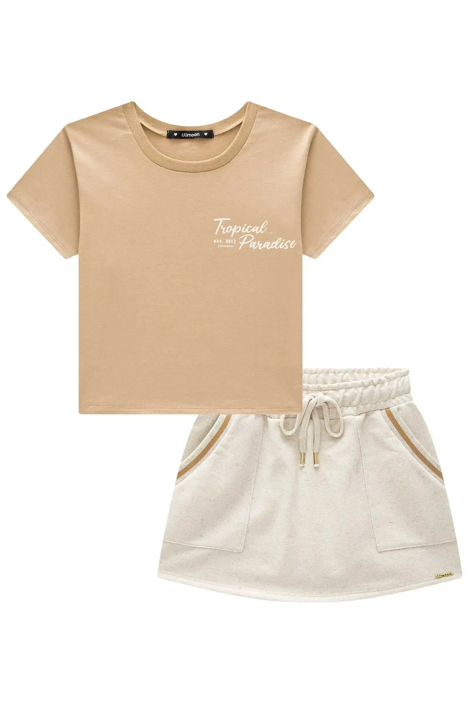 Conjunto de Blusa em Meia Malha e Short Saia em Moletom sem Pelúcia 95821 Lilimoon Teen Menina
