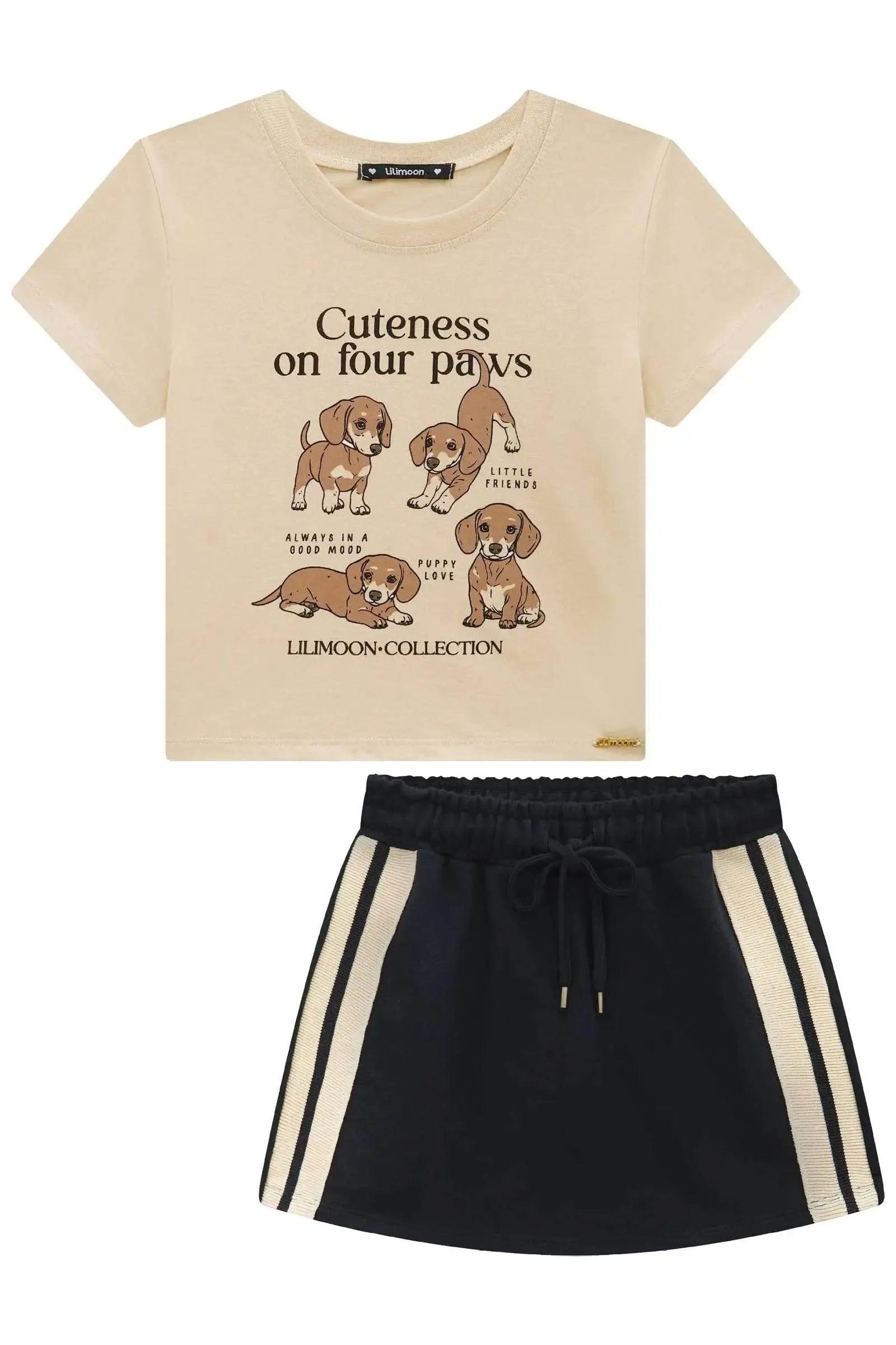 Conjunto de Blusa em Meia Malha e Short Saia em Moletom sem Pelúcia 96307 Lilimoon Teen Menina