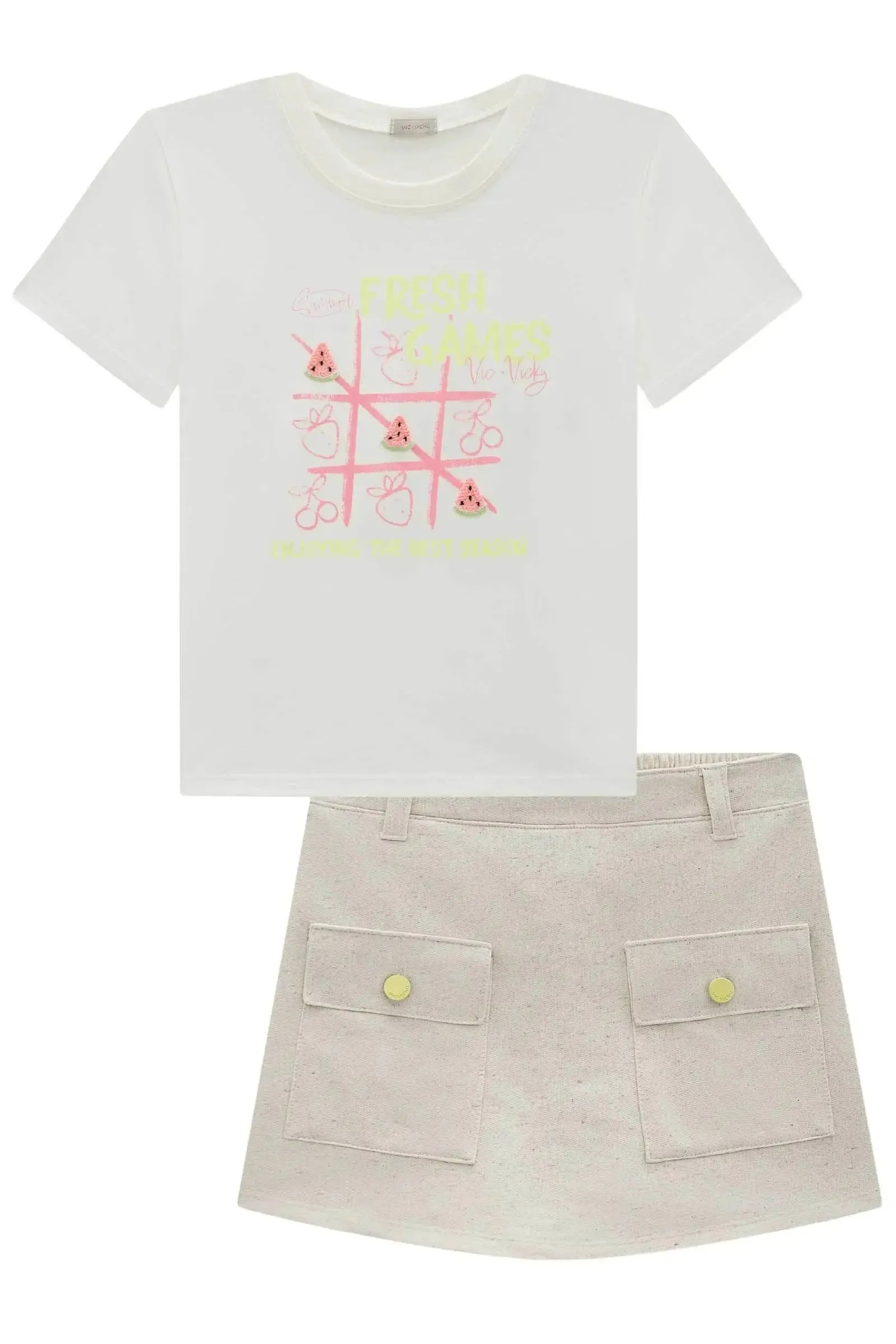 Conjunto de Blusa em Meia Malha e Short Saia em Moletom sem Pelúcia 96845 Vic&Vicky Teen Menina