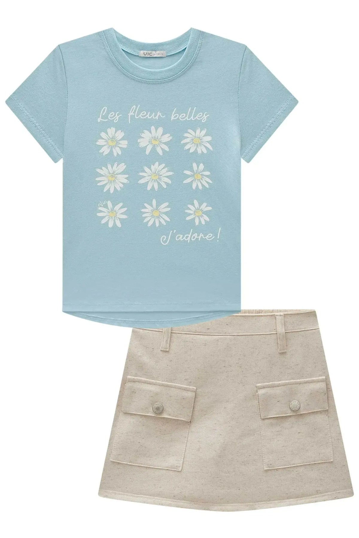 Conjunto de Blusa em Meia Malha e Short Saia em Moletom sem Pelúcia 98257 Vic Teen Menina