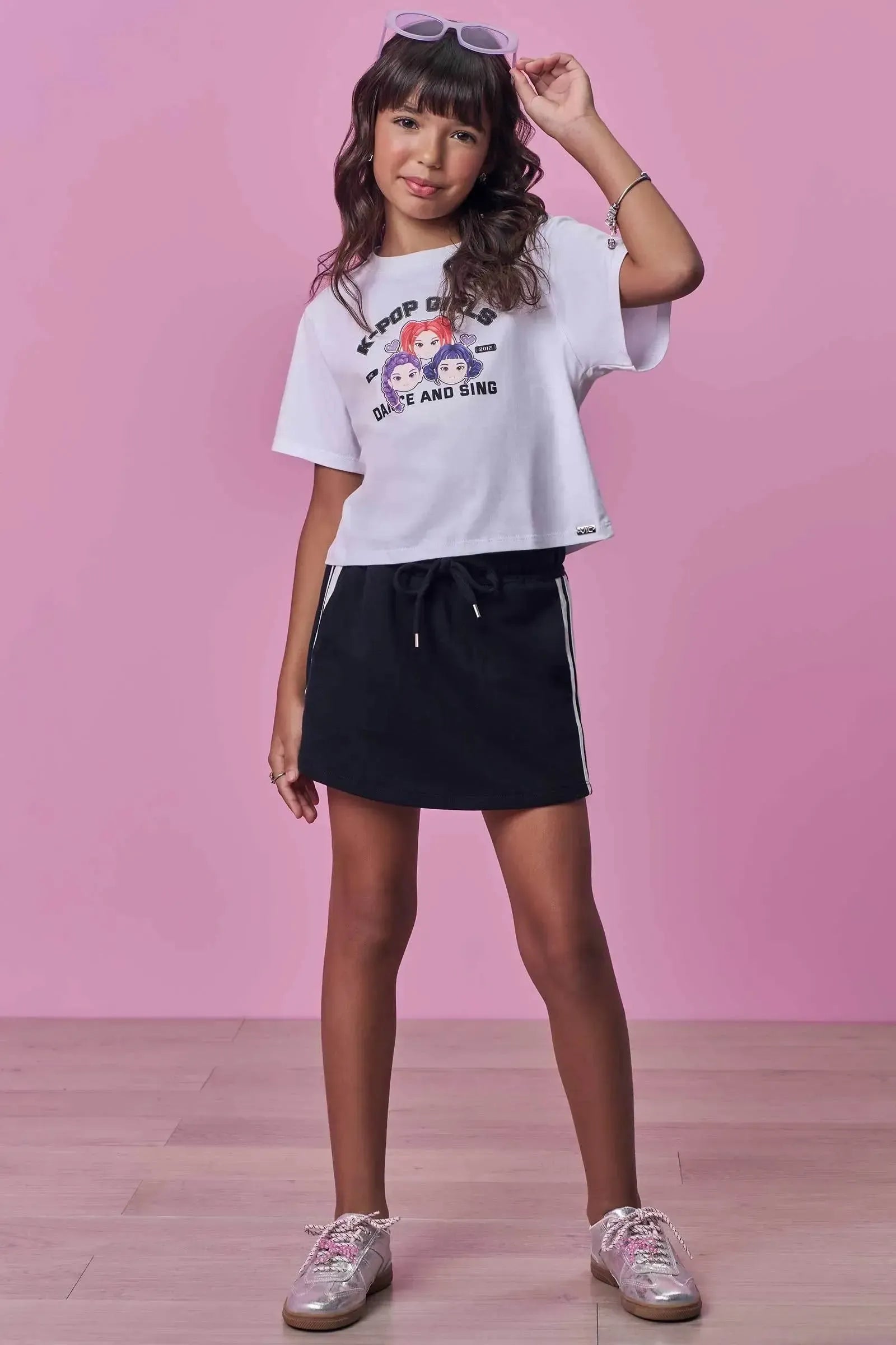 Conjunto de Blusa em Meia Malha e Short Saia em Moletom sem Pelúcia 98889 Vic Teen Menina