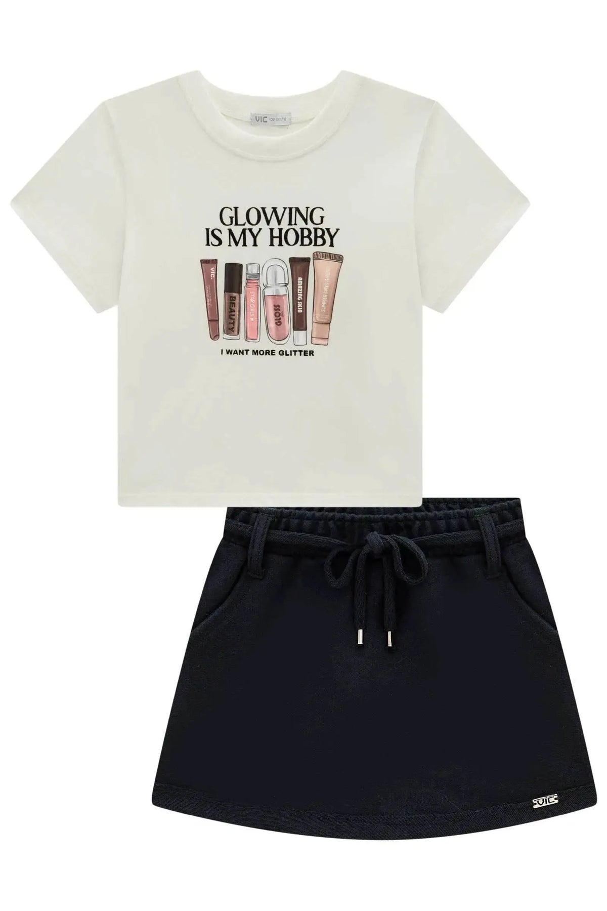 Conjunto de Blusa em Meia Malha e Short Saia em Moletom sem Pelúcia 99102 Vic Teen Menina