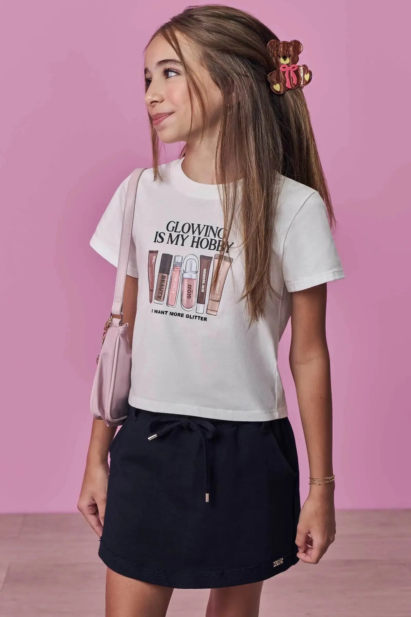 Conjunto de Blusa em Meia Malha e Short Saia em Moletom sem Pelúcia 99102 Vic Teen Menina