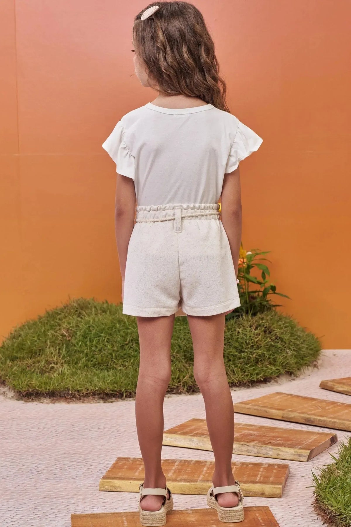 Conjunto de Blusa em Meia Malha e Short Saia em Moletom sem Pelúcia 99586 Kukiê Infantil Menina