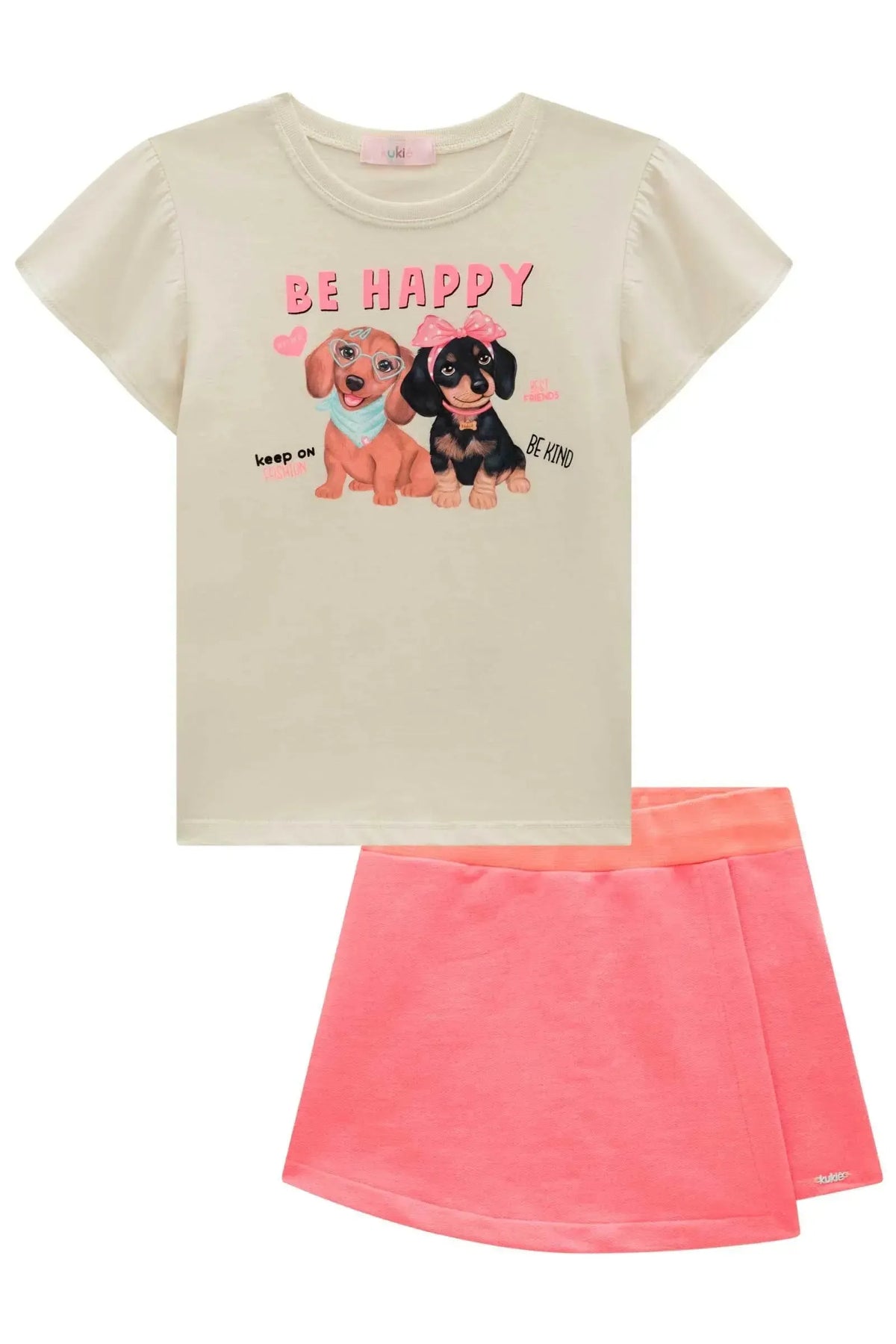 Conjunto de Blusa em Meia Malha e Short Saia em Moletom sem Pelúcia 99635 Kukiê Infantil Menina