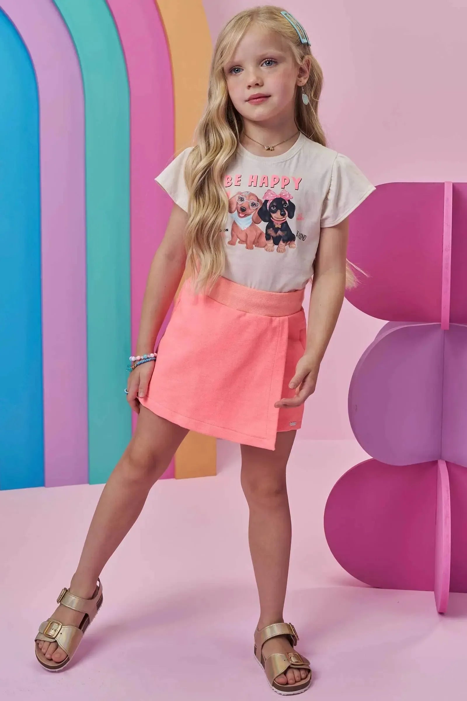 Conjunto de Blusa em Meia Malha e Short Saia em Moletom sem Pelúcia 99635 Kukiê Infantil Menina