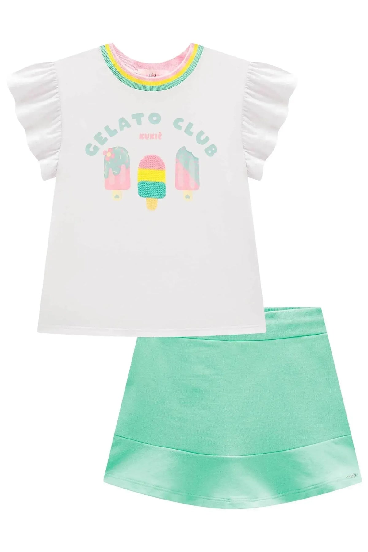 Conjunto de Blusa em Meia Malha e Short Saia em Moletom sem Pelúcia 99643 Kukiê Infantil Menina