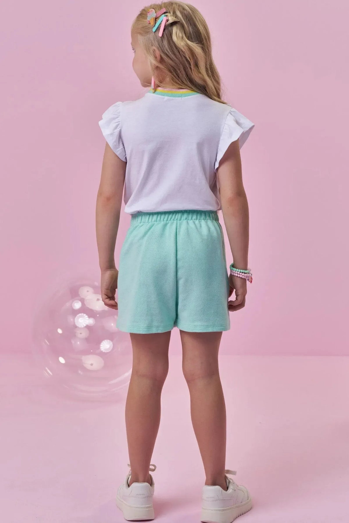 Conjunto de Blusa em Meia Malha e Short Saia em Moletom sem Pelúcia 99643 Kukiê Infantil Menina