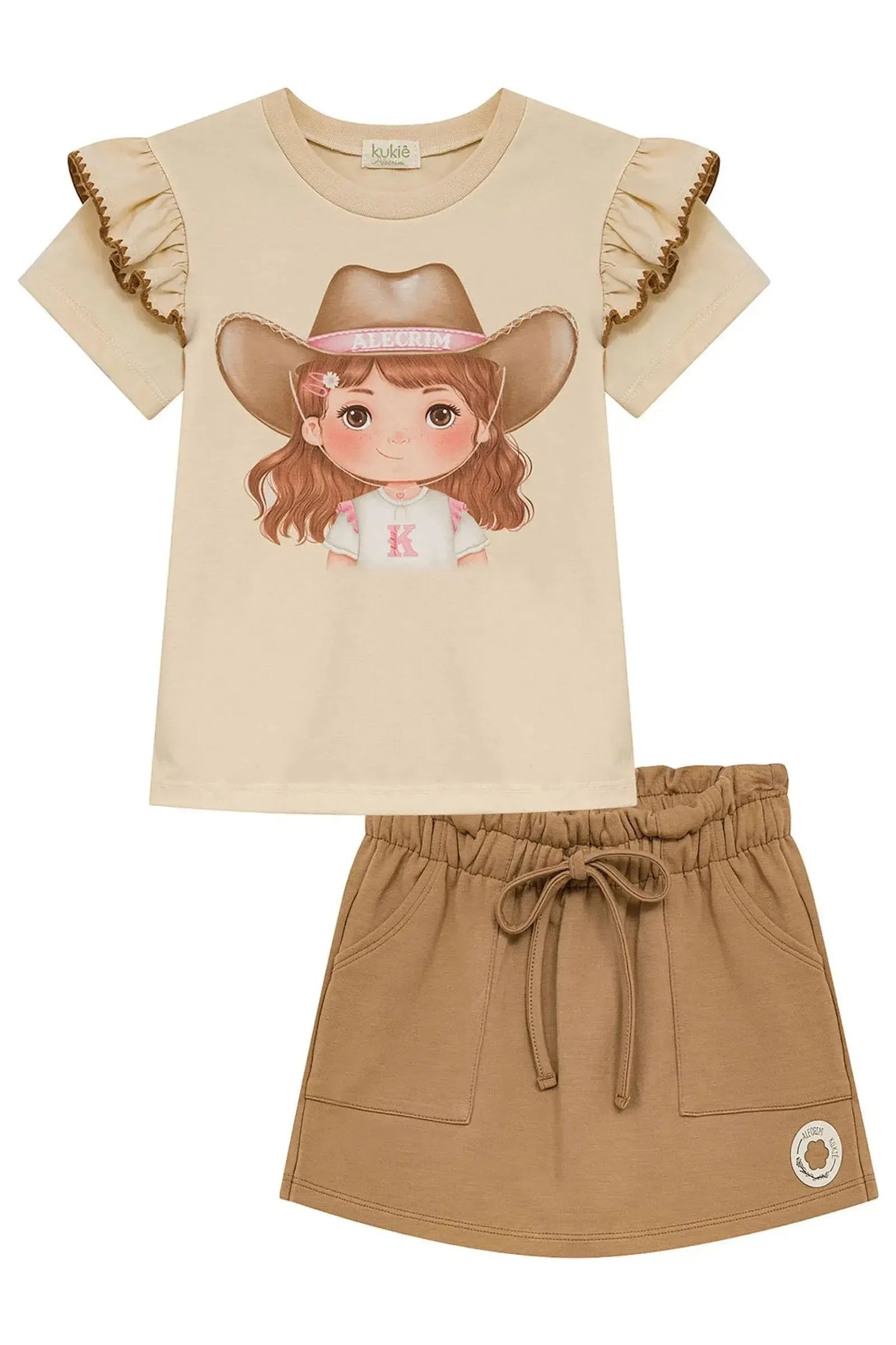 Conjunto de Blusa em Meia Malha e Short Saia em Molevisco 95016 Kukiê Infantil Menina