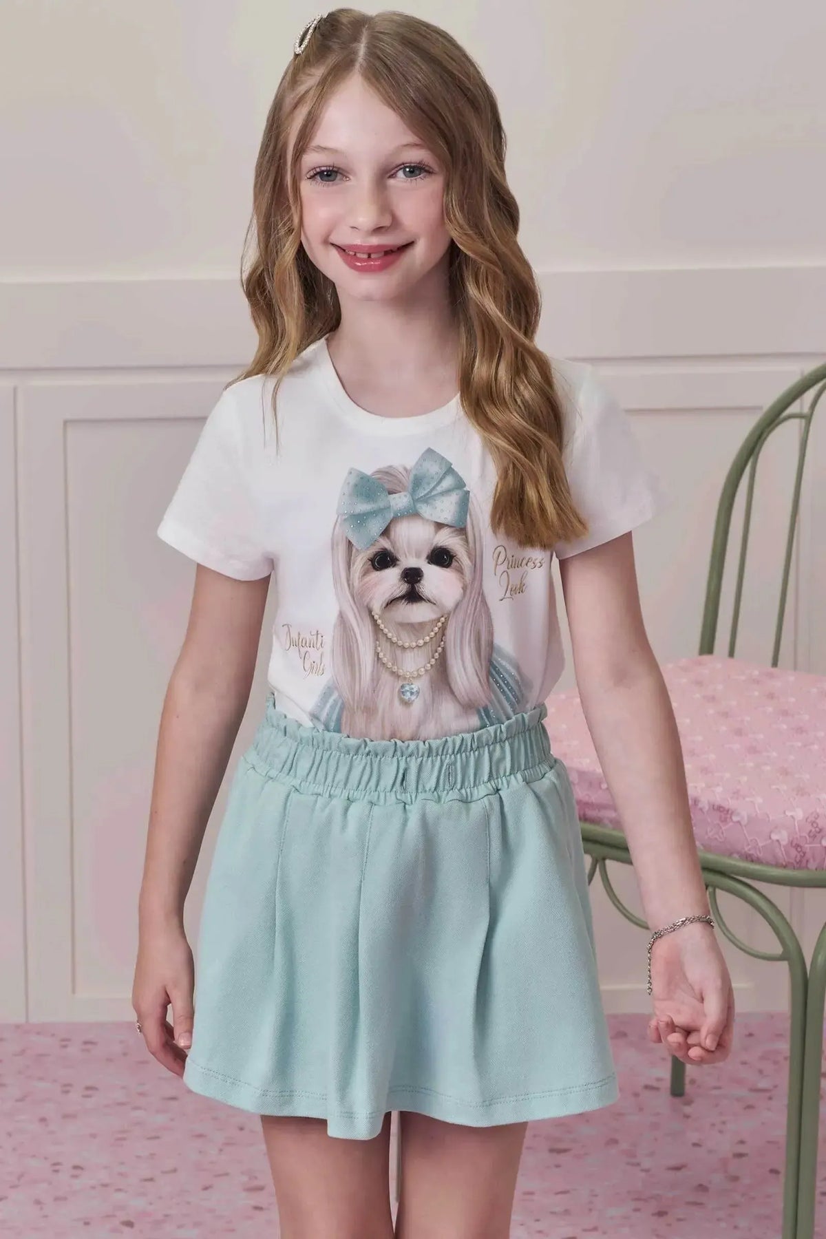 Conjunto de Blusa em Meia Malha e Short Saia em Piquet 99126 Infanti Infantil Menina