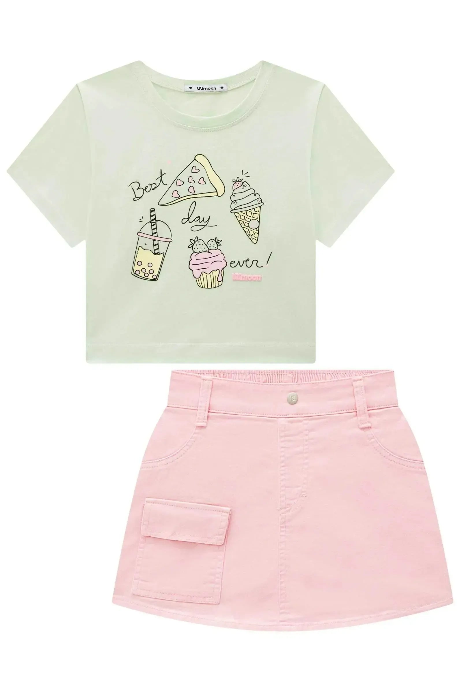 Conjunto de Blusa em Meia Malha e Short Saia em Sarja com Elastano 96313 Lilimoon Teen Menina