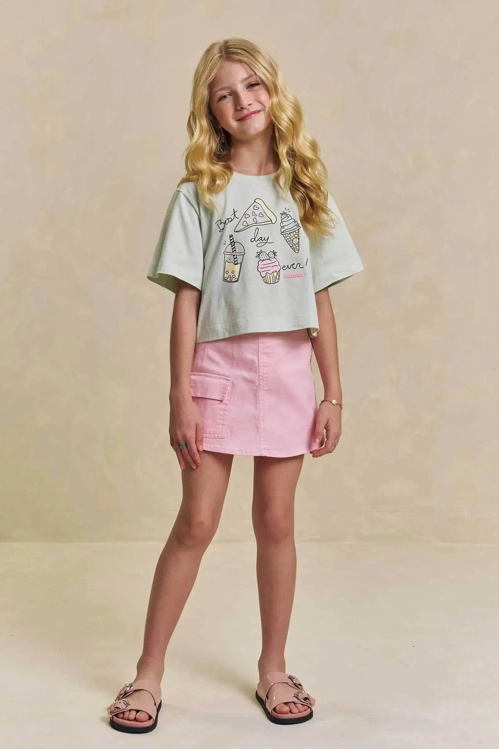 Conjunto de Blusa em Meia Malha e Short Saia em Sarja com Elastano 96313 Lilimoon Teen Menina