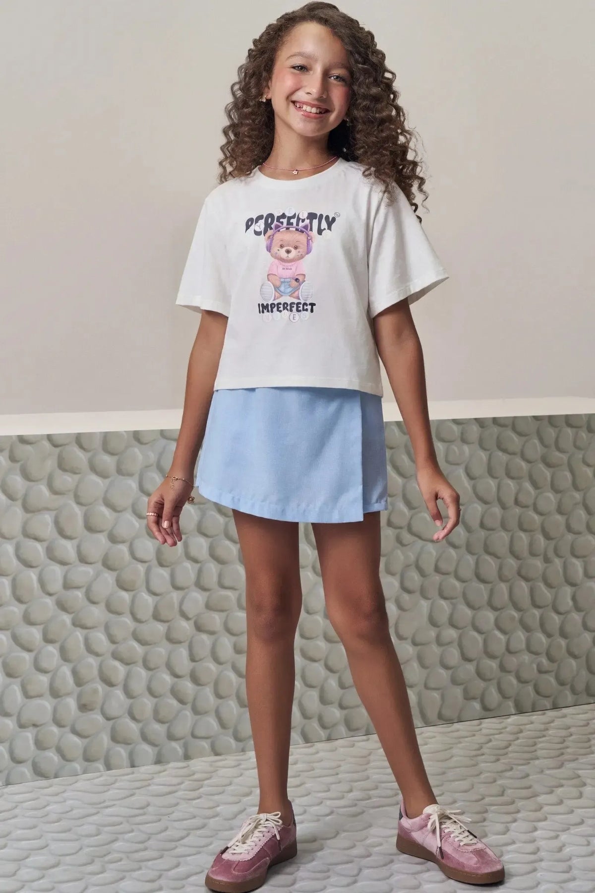Conjunto de Blusa em Meia Malha e Short Saia em Tecido New Positano 98809 Lilimoon Teen Menina