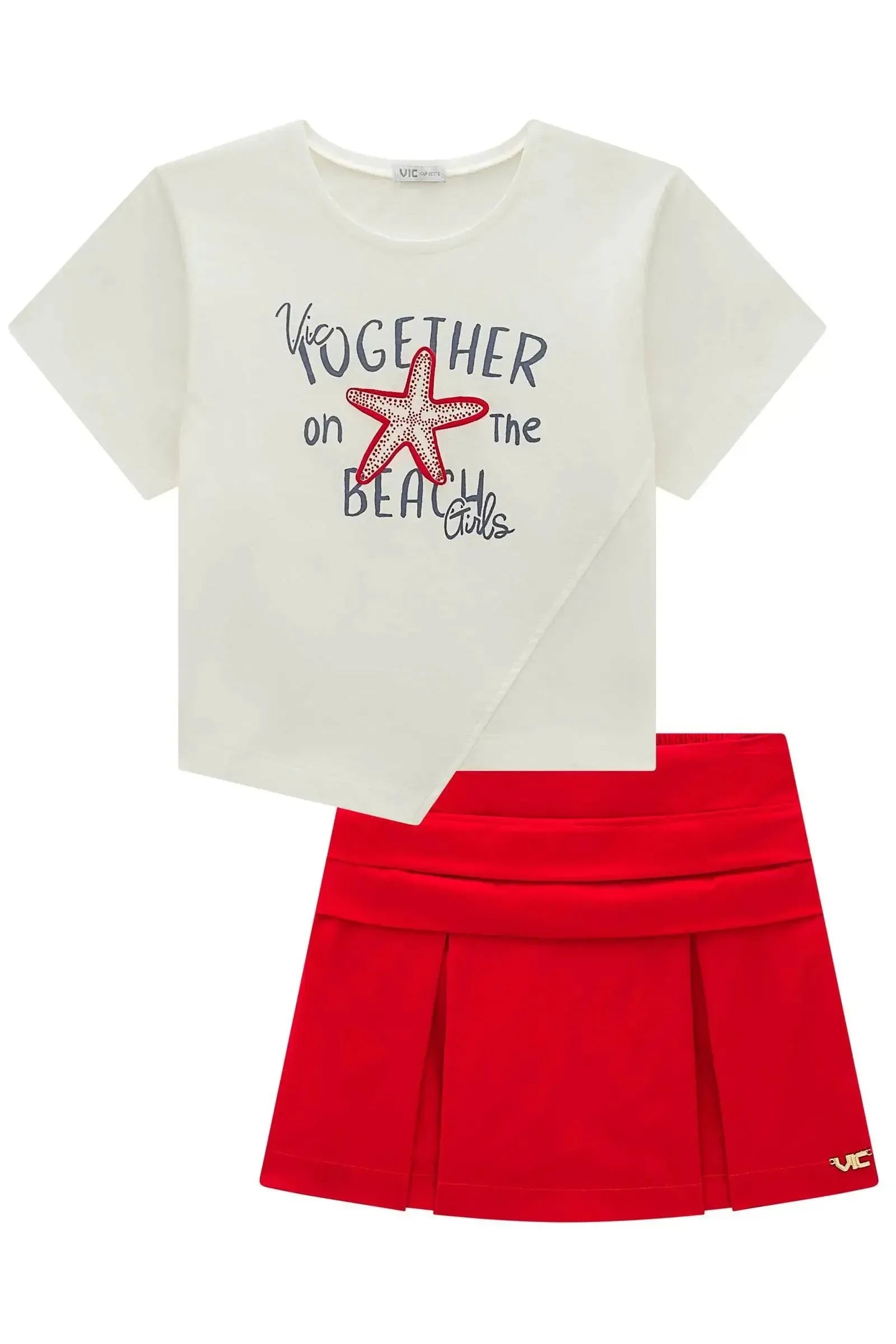 Conjunto de Blusa em Meia Malha e Short Saia em Tricoline com Elastano 98247 Vic Teen Menina