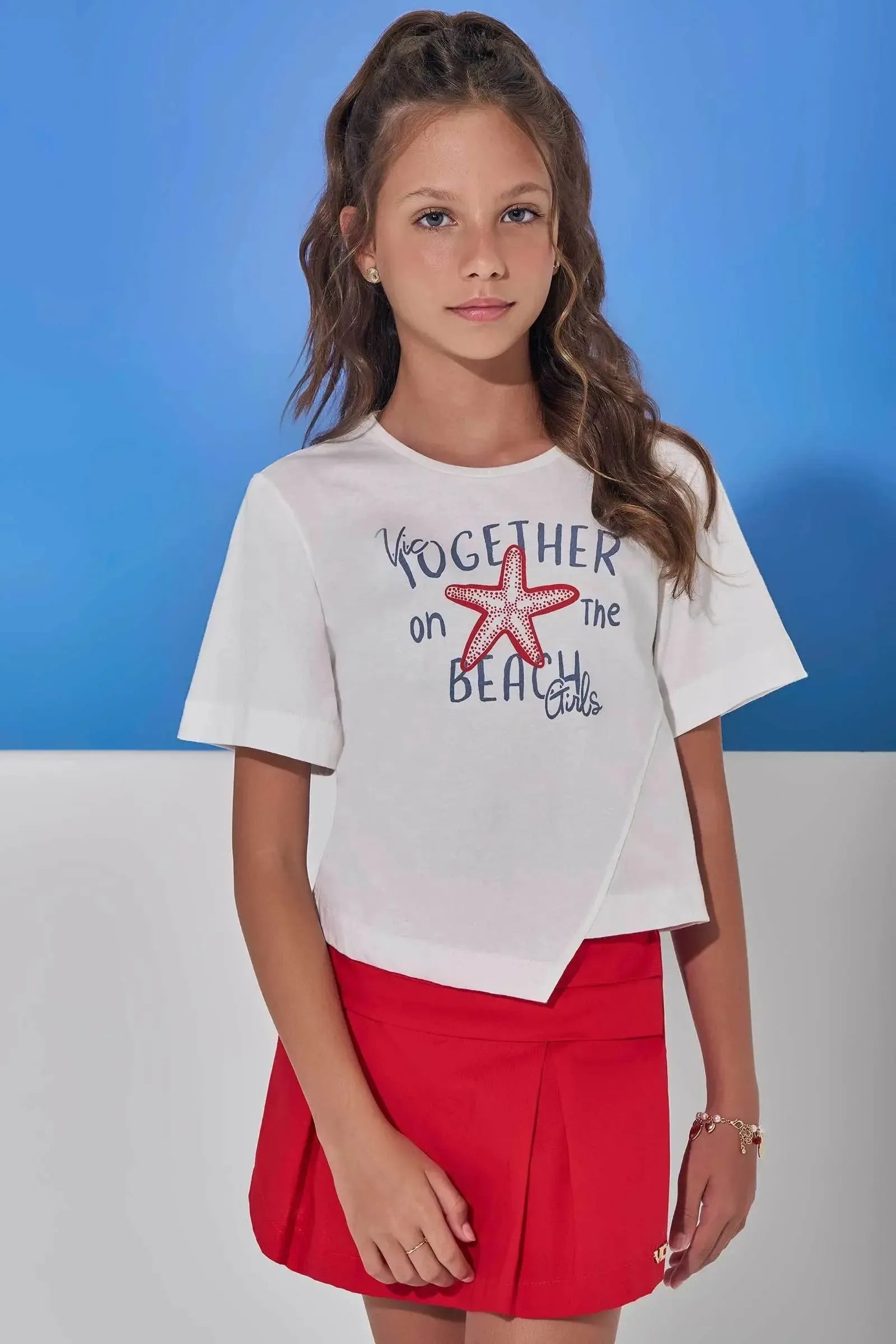 Conjunto de Blusa em Meia Malha e Short Saia em Tricoline com Elastano 98247 Vic Teen Menina