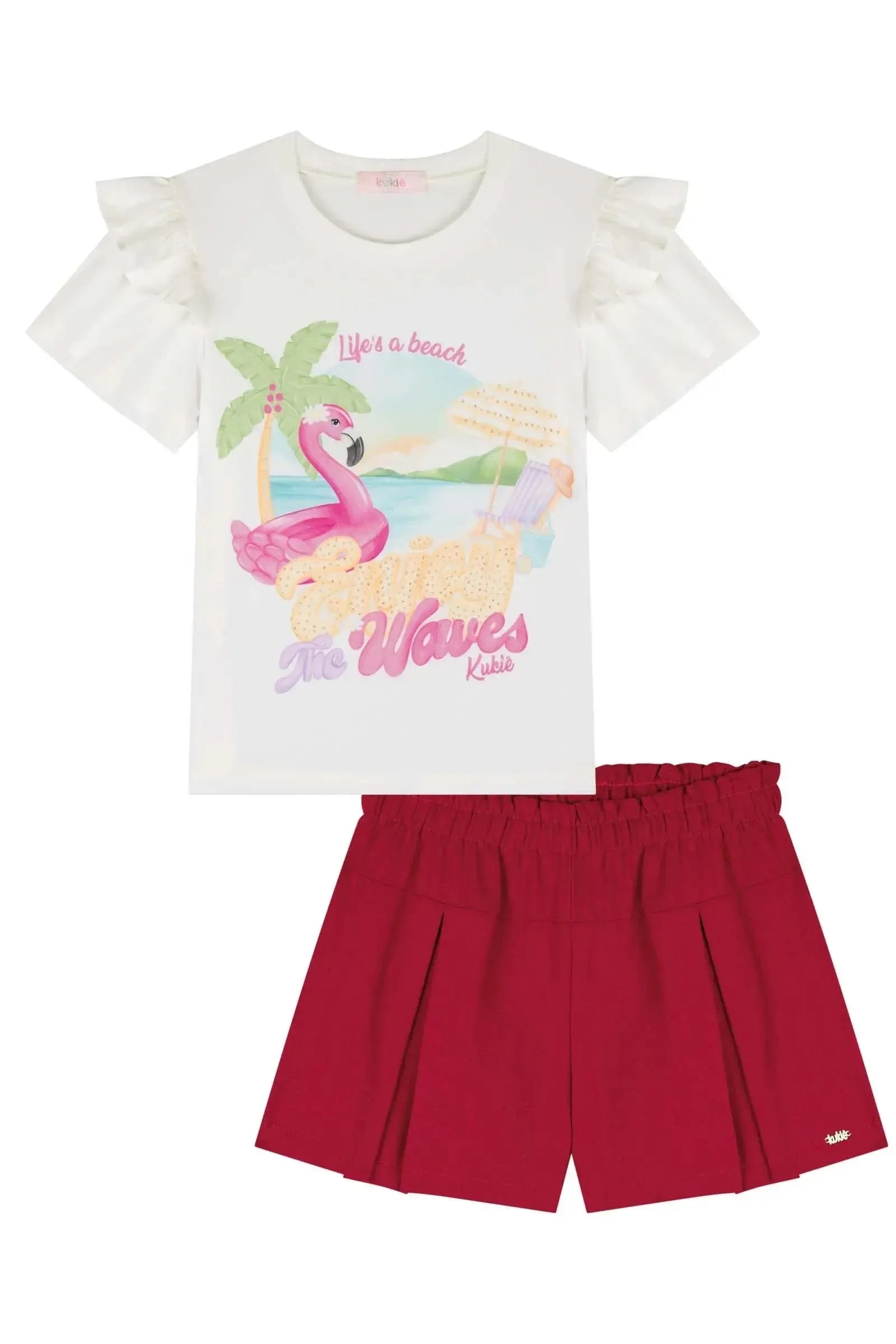 Conjunto de Blusa em Meia Malha e Shorts em Blend de Linho 86006 Kukiê Infantil Menina