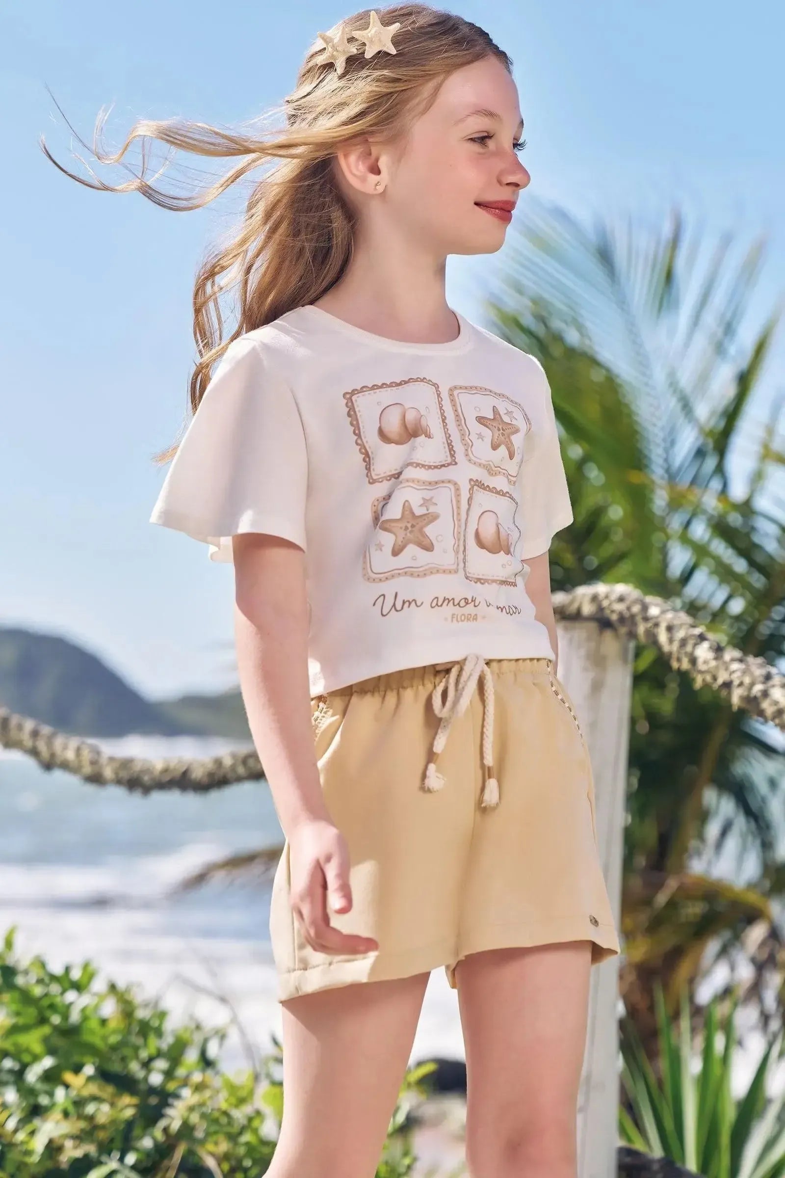 Conjunto de Blusa em Meia Malha e Shorts em Blend de Viscose com Elastano 96418 Infanti Infantil Menina