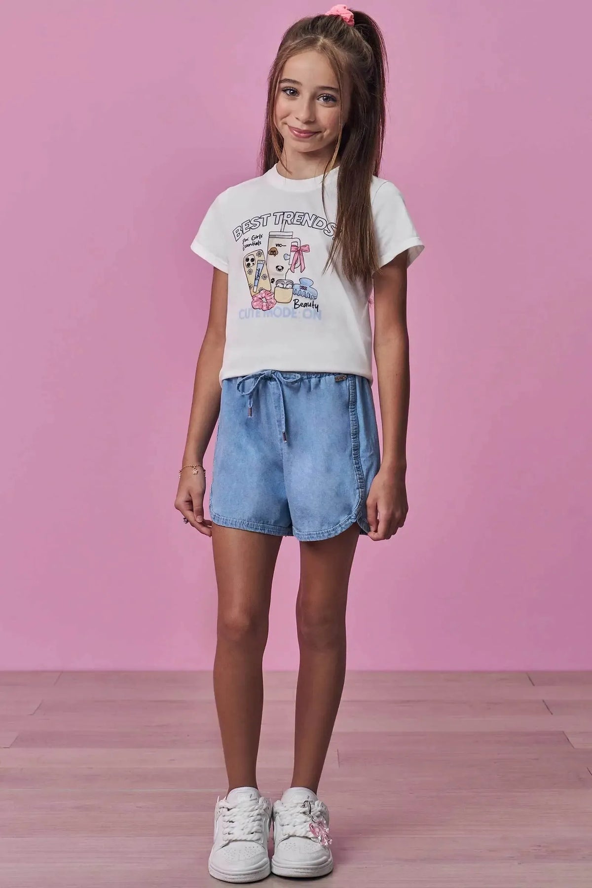 Conjunto de Blusa em Meia Malha e Shorts em Jeans 99227 Vic Teen Menina