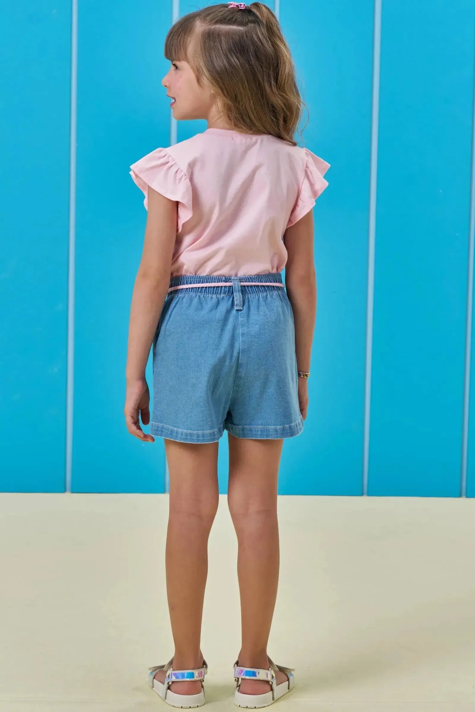 Conjunto de Blusa em Meia Malha e Shorts em Jeans com Elastano 95093 Kukiê Infantil Menina