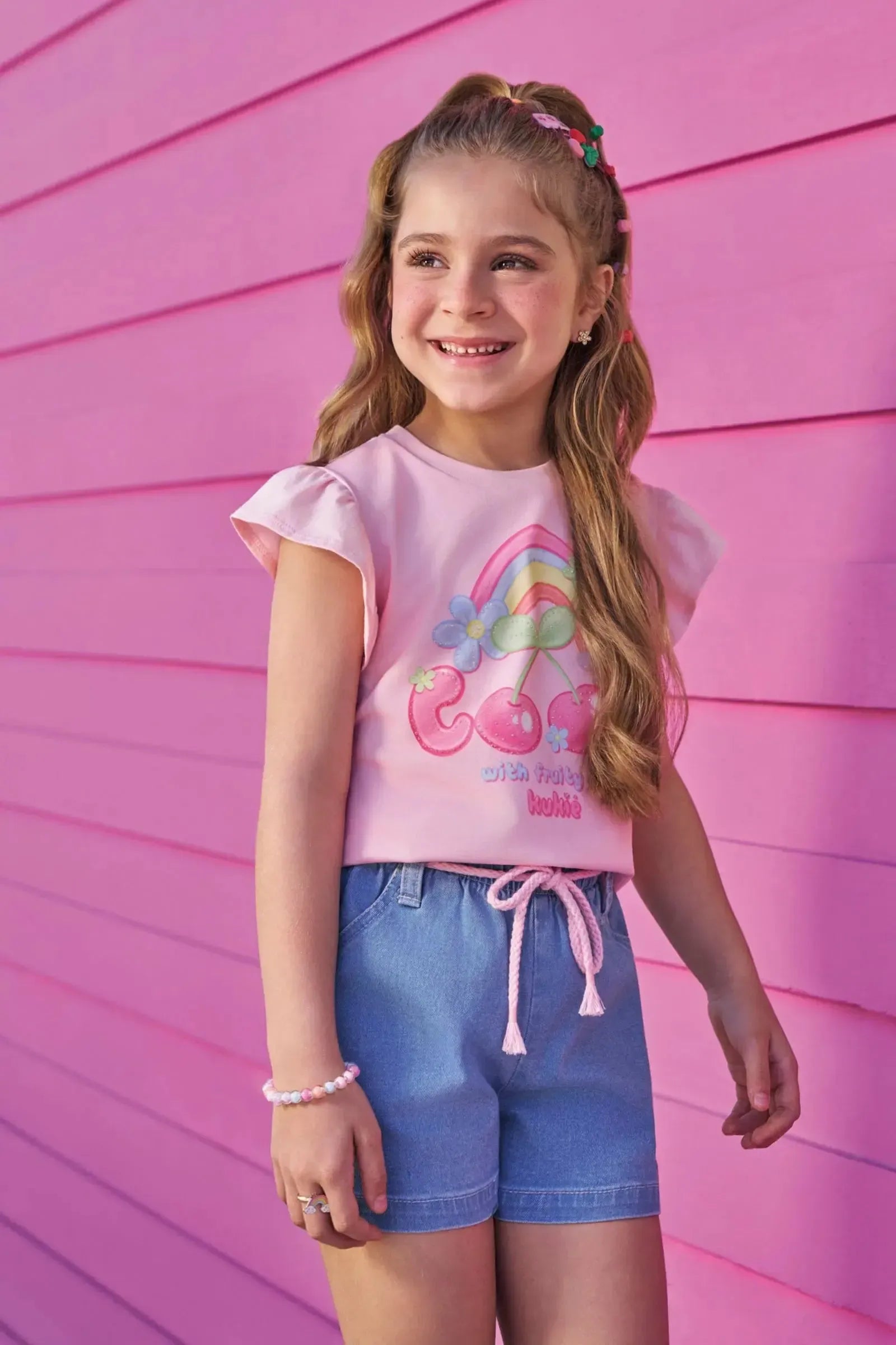 Conjunto de Blusa em Meia Malha e Shorts em Jeans com Elastano 95093 Kukiê Infantil Menina